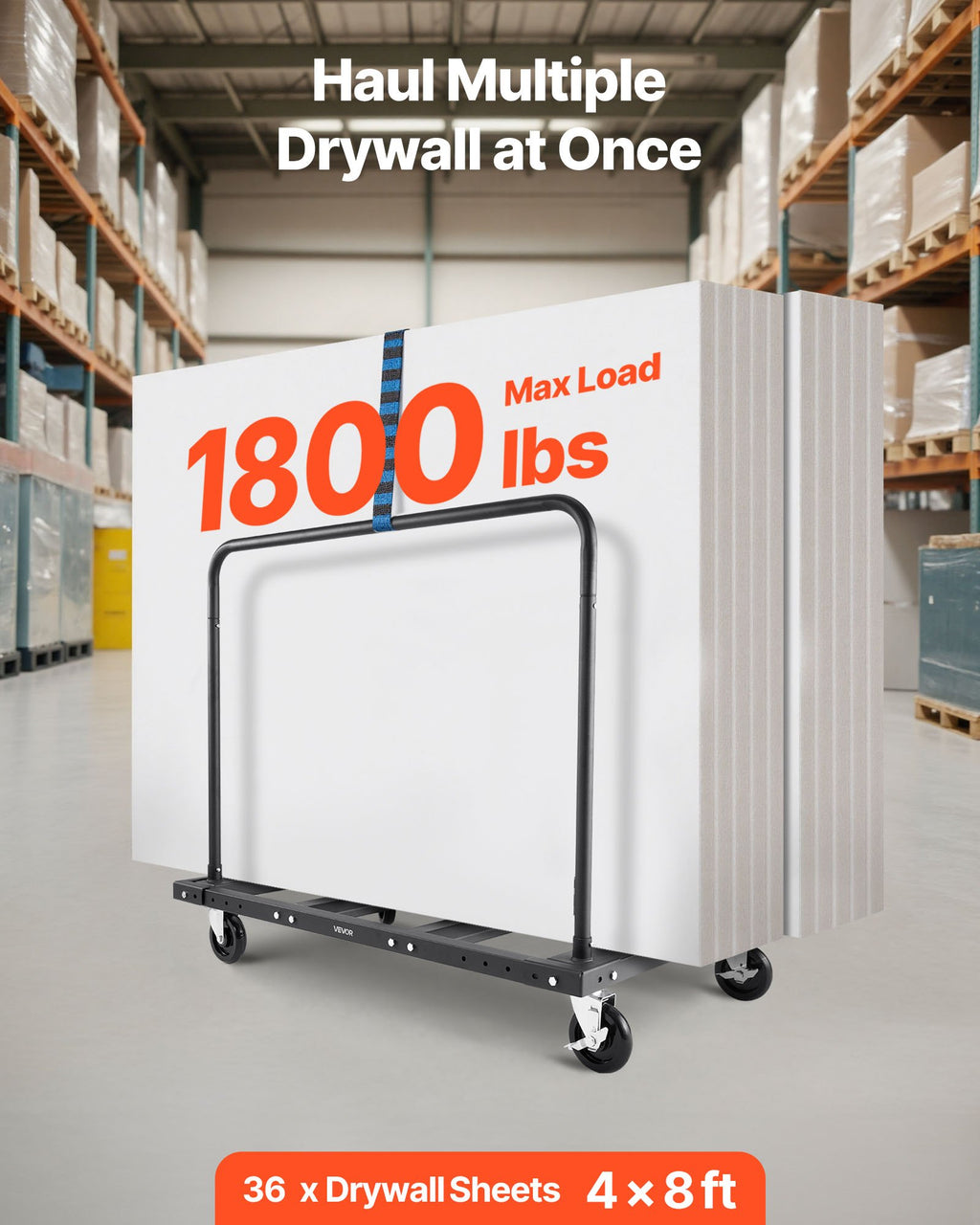 VEVOR Drywall Cart Dolly, 816 kg Load Capacity, Steel Panel Truck Cart with 12.5 mm Swivel Casters, Lumber Drywall Dolly with Tie-Down Strap & 2 Side Handrails for Factory, Warehouse, Garage, Black
