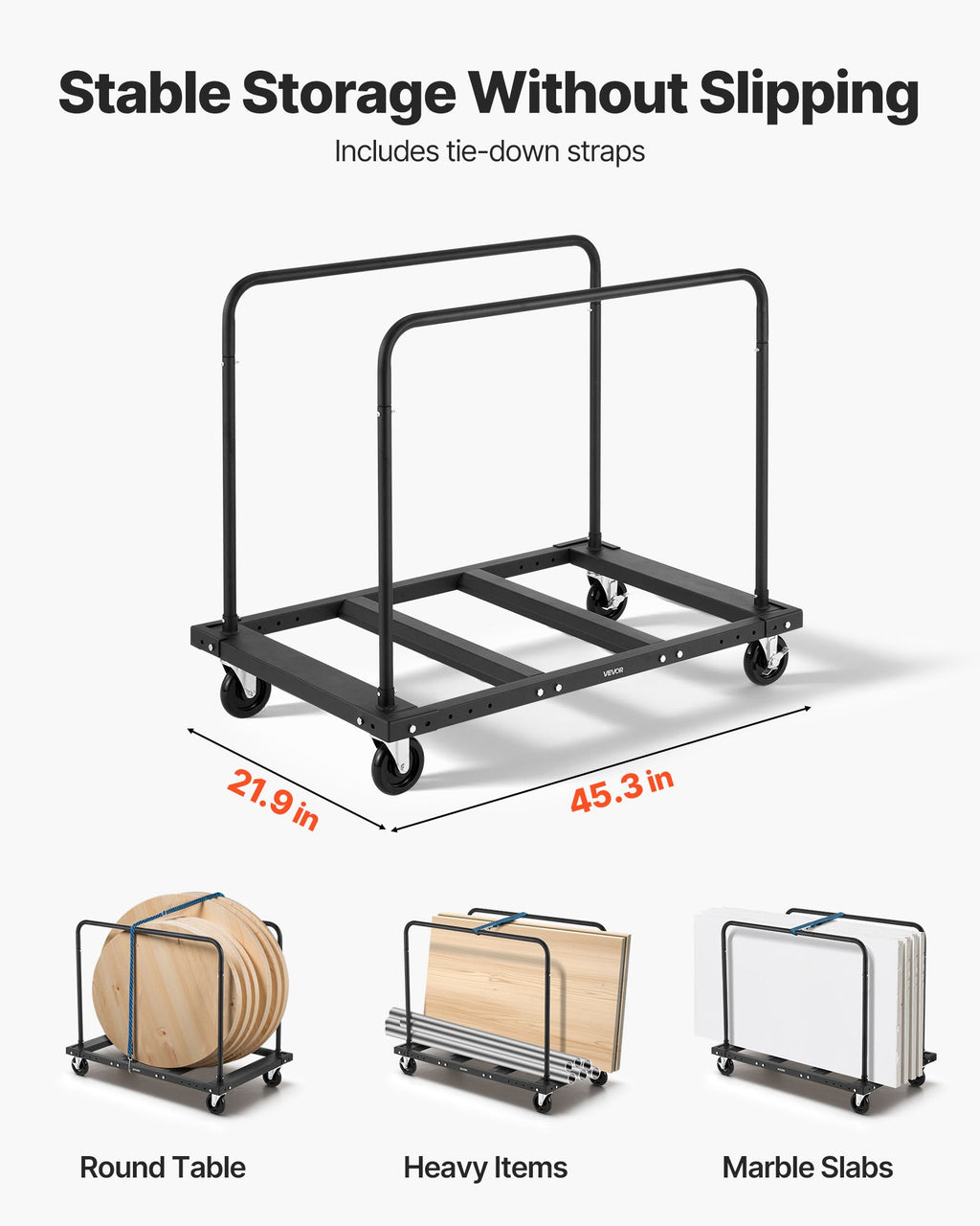 VEVOR Drywall Cart Dolly, 816 kg Load Capacity, Steel Panel Truck Cart with 12.5 mm Swivel Casters, Lumber Drywall Dolly with Tie-Down Strap & 2 Side Handrails for Factory, Warehouse, Garage, Black