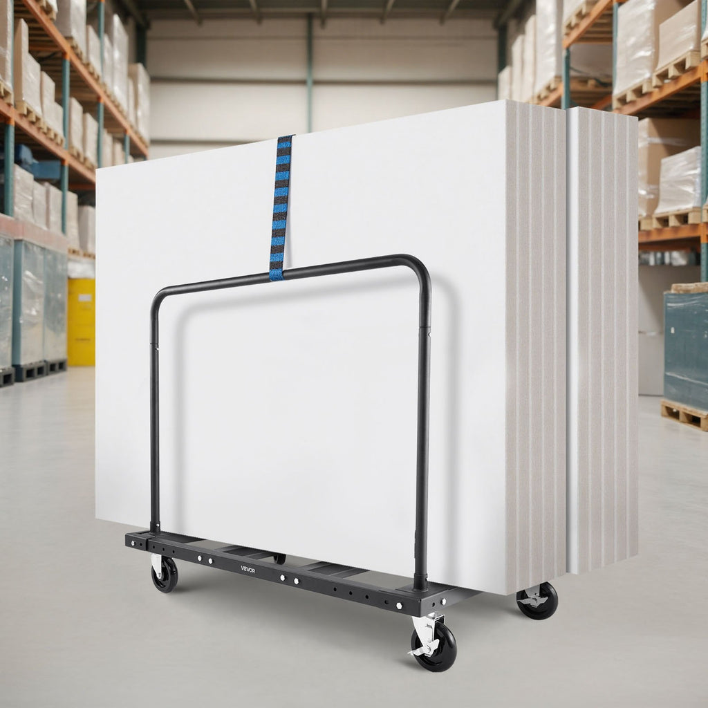VEVOR Drywall Cart Dolly, 816 kg Load Capacity, Steel Panel Truck Cart with 12.5 mm Swivel Casters, Lumber Drywall Dolly with Tie-Down Strap & 2 Side Handrails for Factory, Warehouse, Garage, Black