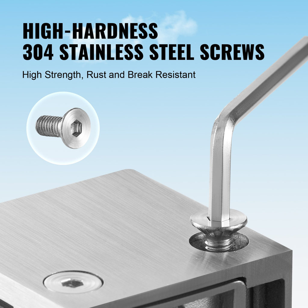 VEVOR Glass Clamp, 4 PCS Square Glass Railing Bracket for 0.31 "-0.47 " Tempered Glass, 304 Stainless Steel Glass Mounting Clamp, Glass Shelf Bracket for Balcony, Garden, Pool, Stair, Silver