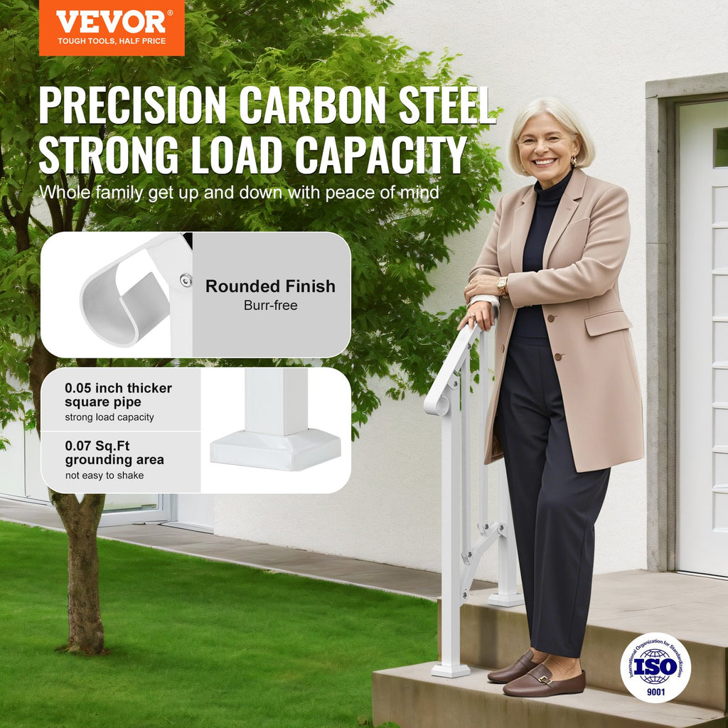 VEVOR Handrails for Outdoor Steps, 1-2 Step Stair Hand Rail Kit, Transitional Carbon Steel Railings with Installation Kit, Stair Rails for Seniors, Concrete Steps & Porch & Deck, White Retro Arch