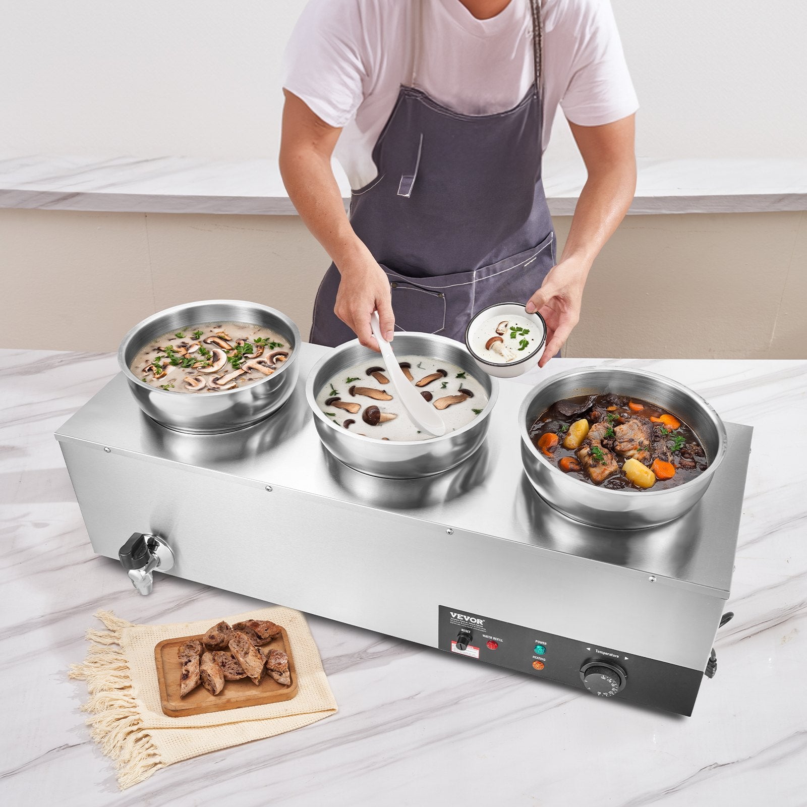 VEVOR Electric Soup Warmer, Three 7.4QT Stainless Steel Round Pot, 1200W Commercial Food Warmer, 30 - 85℃ Adjustable Temp, Bain Marie with Anti-Dry Burn and Reset Button, for Restaurant, Buffet