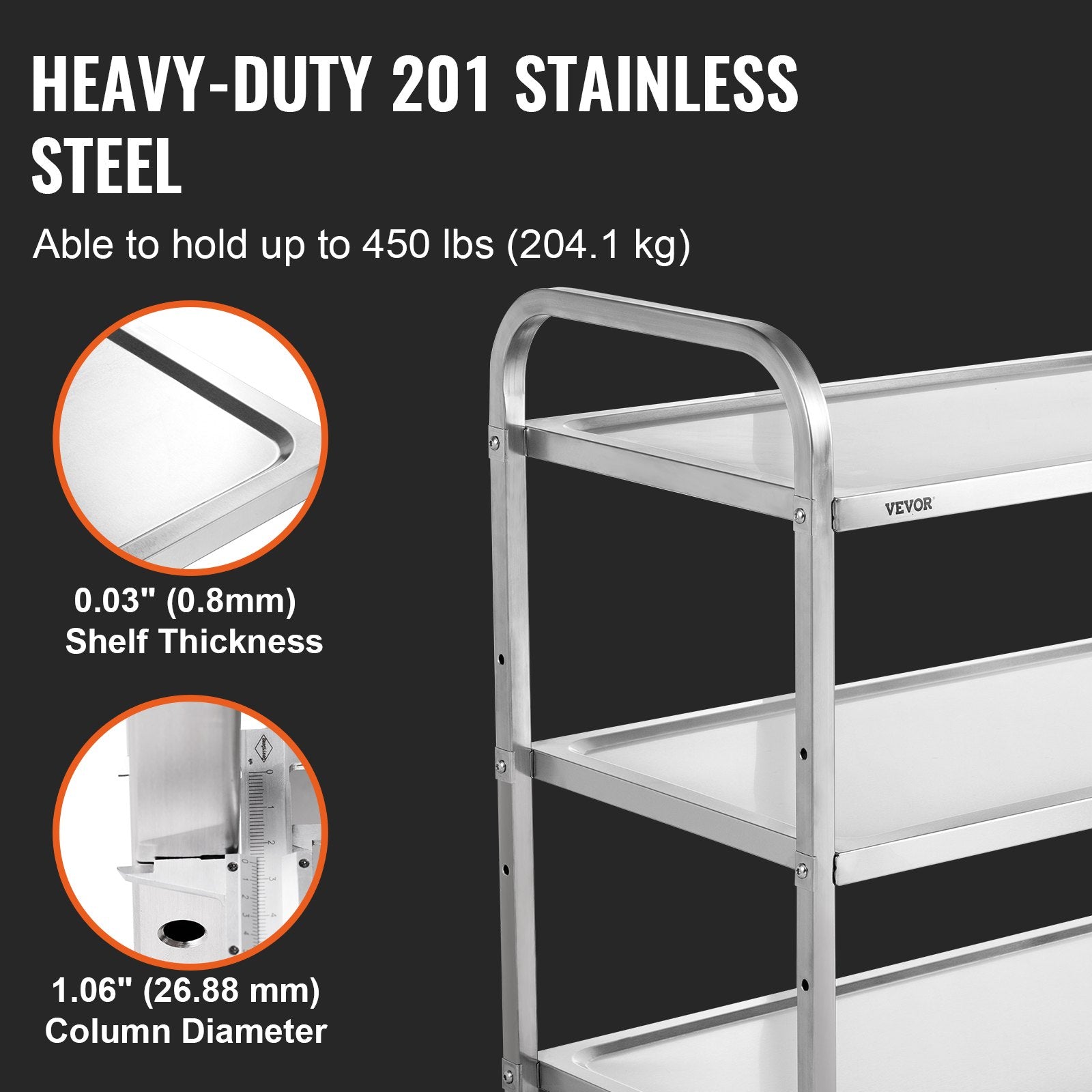 VEVOR 3-Tier Utility Cart Rolling Cart on Wheels 37.5"x20"x37.7" 450 LBS 6 Hooks