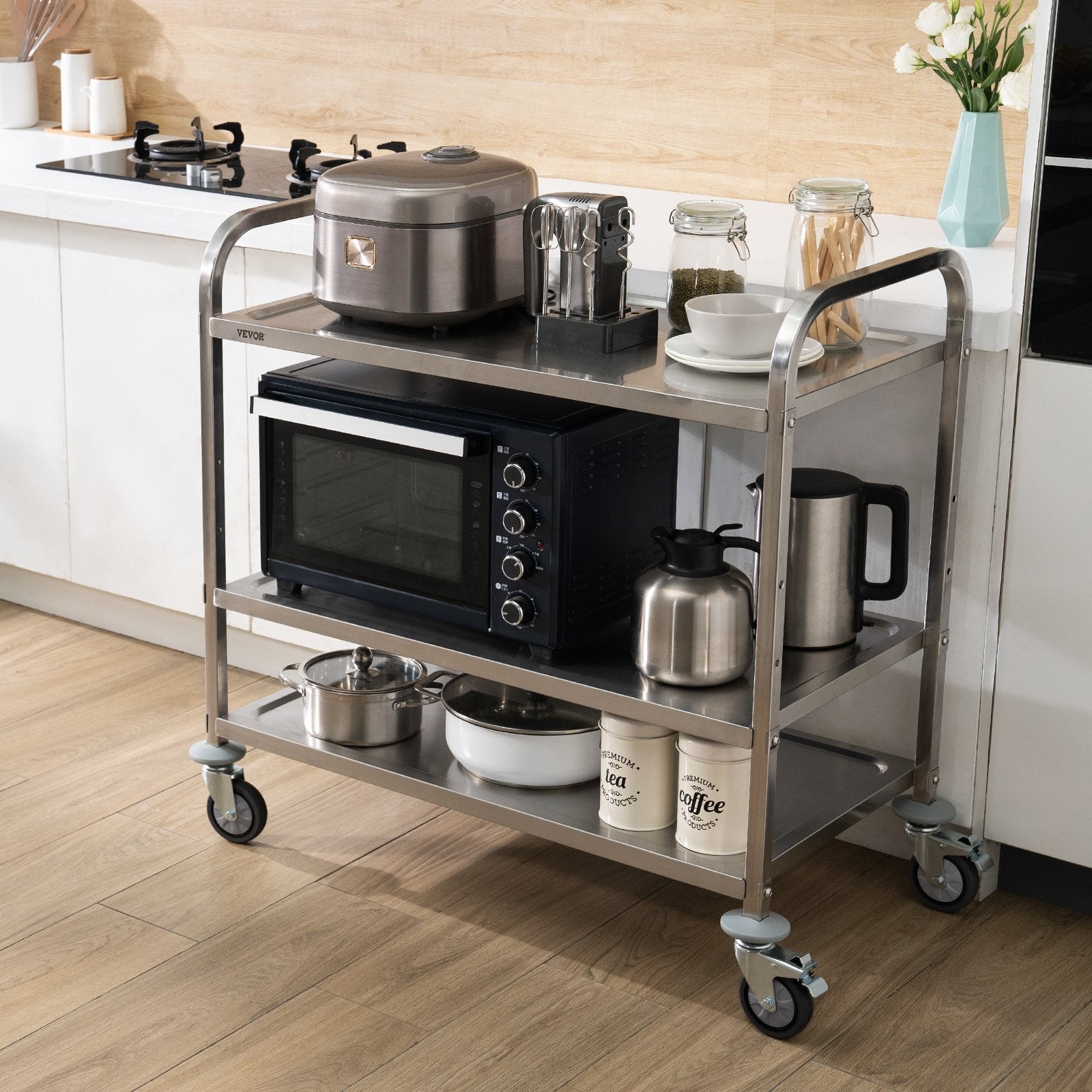VEVOR 3-Tier Utility Cart Rolling Cart on Wheels 37.5"x20"x37.7" 450 LBS 6 Hooks
