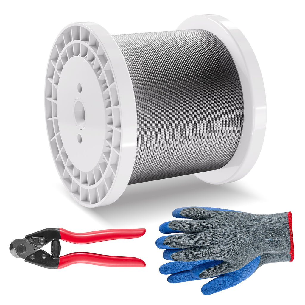 VEVOR Wire Rope Kit, 3.18 mm 305 m 316 Stainless Steel Cable with Cutter and Gloves, 7.1KN Breaking Strength, 7x7 Strands Construction Marine Aircraft Grade for Handrail Stair Decking Fence Outdoors