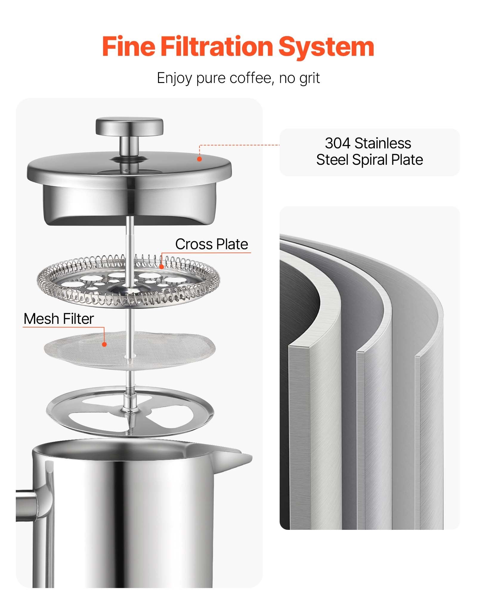 VEVOR French Press Coffee Maker, 1 Liter Stainless Steel Coffee Press Tea Maker with Filter, Large Double Wall Insulated French Presses Cold Brew for Camping Travel Home Kitchen, Silver