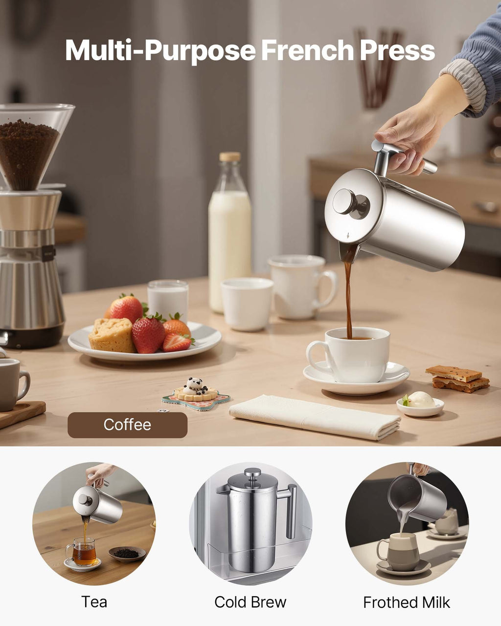 VEVOR French Press Coffee Maker, 1 Liter Stainless Steel Coffee Press Tea Maker with Filter, Large Double Wall Insulated French Presses Cold Brew for Camping Travel Home Kitchen, Silver