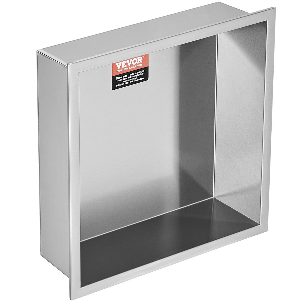 VEVOR 33.02 x 33.02 cm No Tile Shower Niche 304 Stainless Steel, Wall-Inserted Niche Recessed Double Shelves, Sealed Waterproof Rust-Resistant Modern Niche for Shower Bathroom Soap Storage, Silver