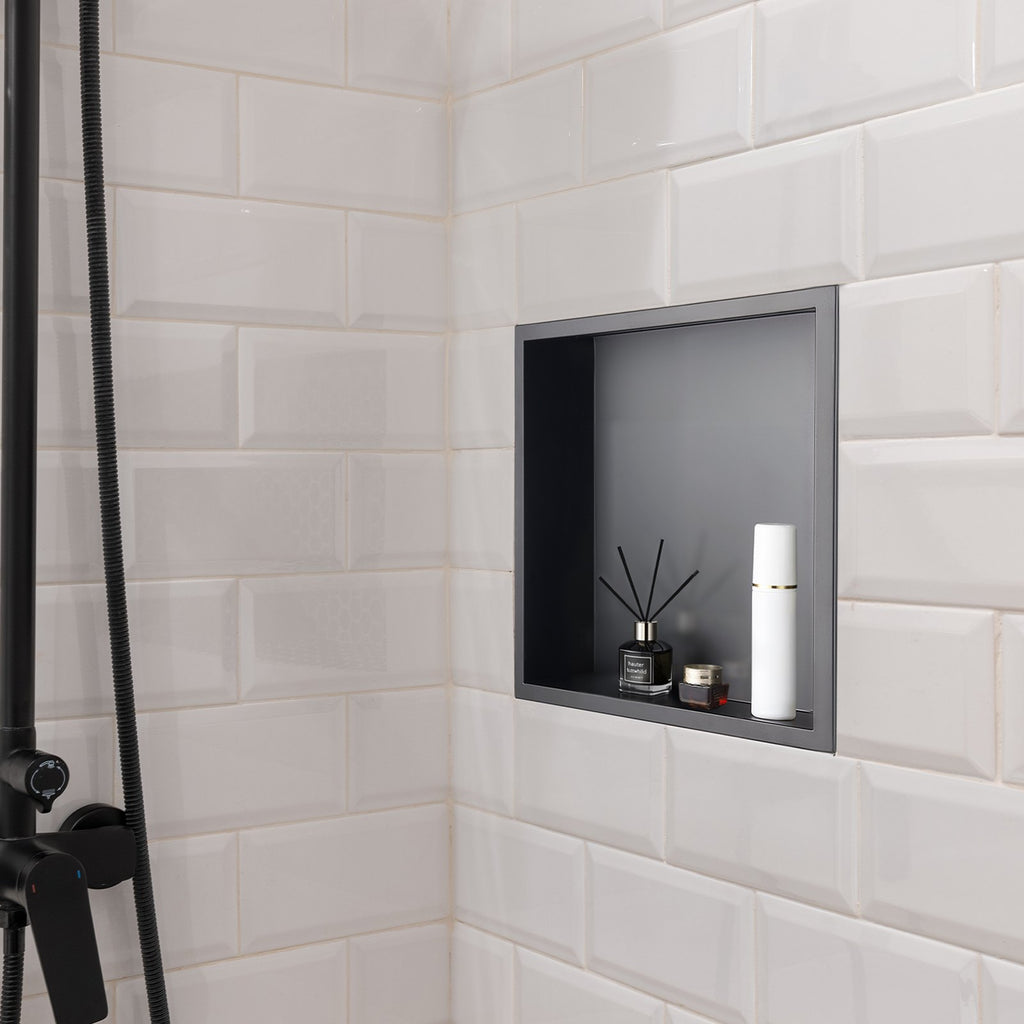 VEVOR Shower Niche, 33.0 x 33.0 x 10.2 cm Recessed Wall Niche, Heavy-duty Stainless Steel Modern Soap & Shampoo Storage Organizer, Sealed Waterproof, Durable & Easy to Install, Black for Bathroom