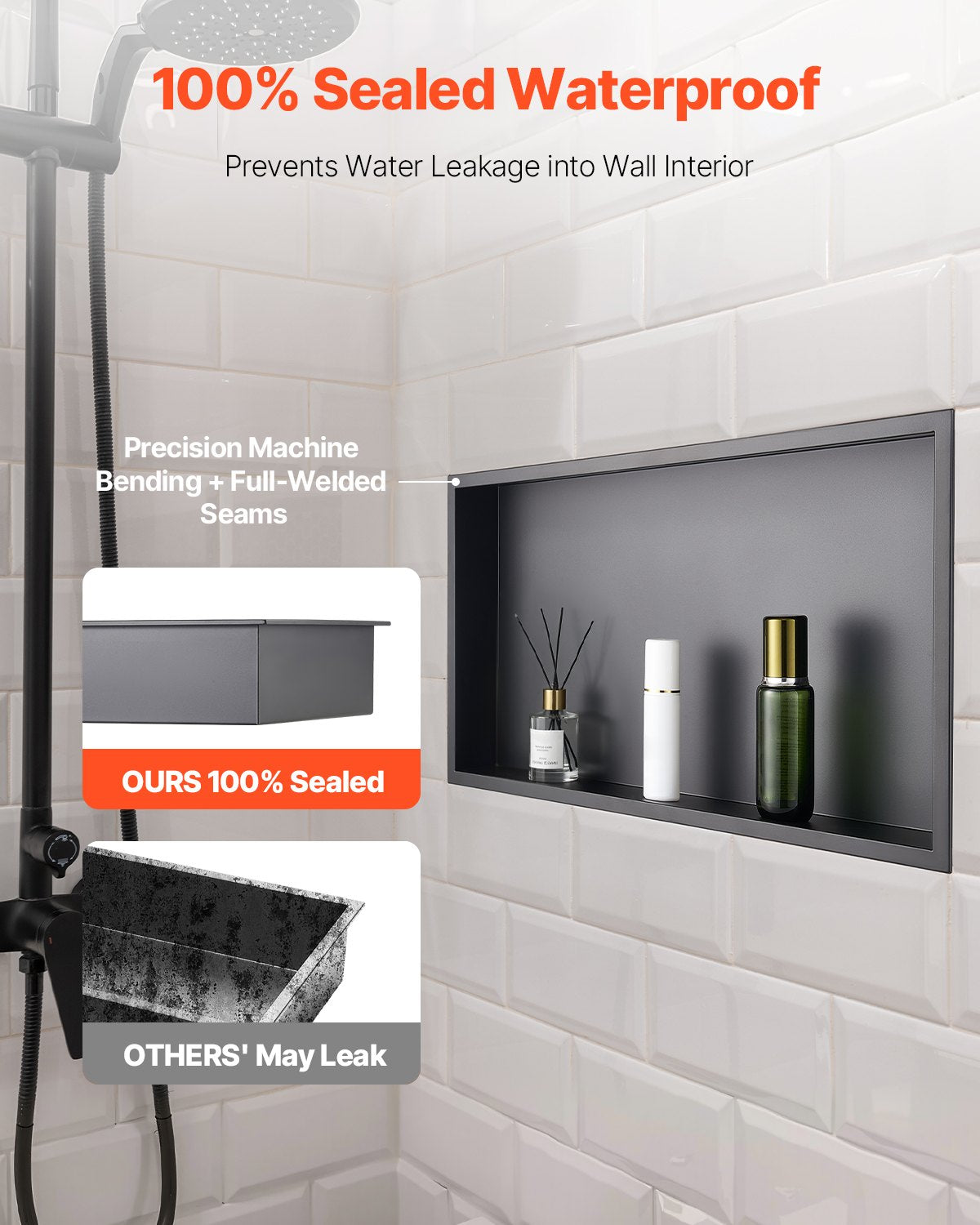 VEVOR Shower Niche, 33.0 x 63.5 x 10.2 cm Recessed Wall Niche, Heavy-duty Stainless Steel Modern Soap & Shampoo Storage Organizer, Sealed Waterproof, Durable & Easy to Install, Black for Bathroom