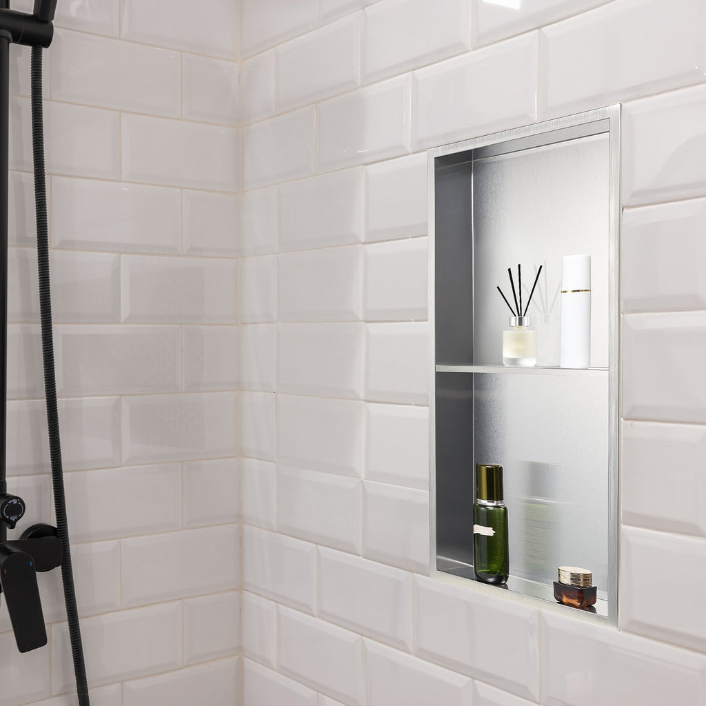 VEVOR Shower Niche, 33.0 x 63.5 x 10.2 cm Recessed Wall Niche Double-layer, with Hollowed-out Divider, Heavy-duty Stainless Steel Modern Shampoo Storage Organizer, Waterproof, Silver for Bathroom