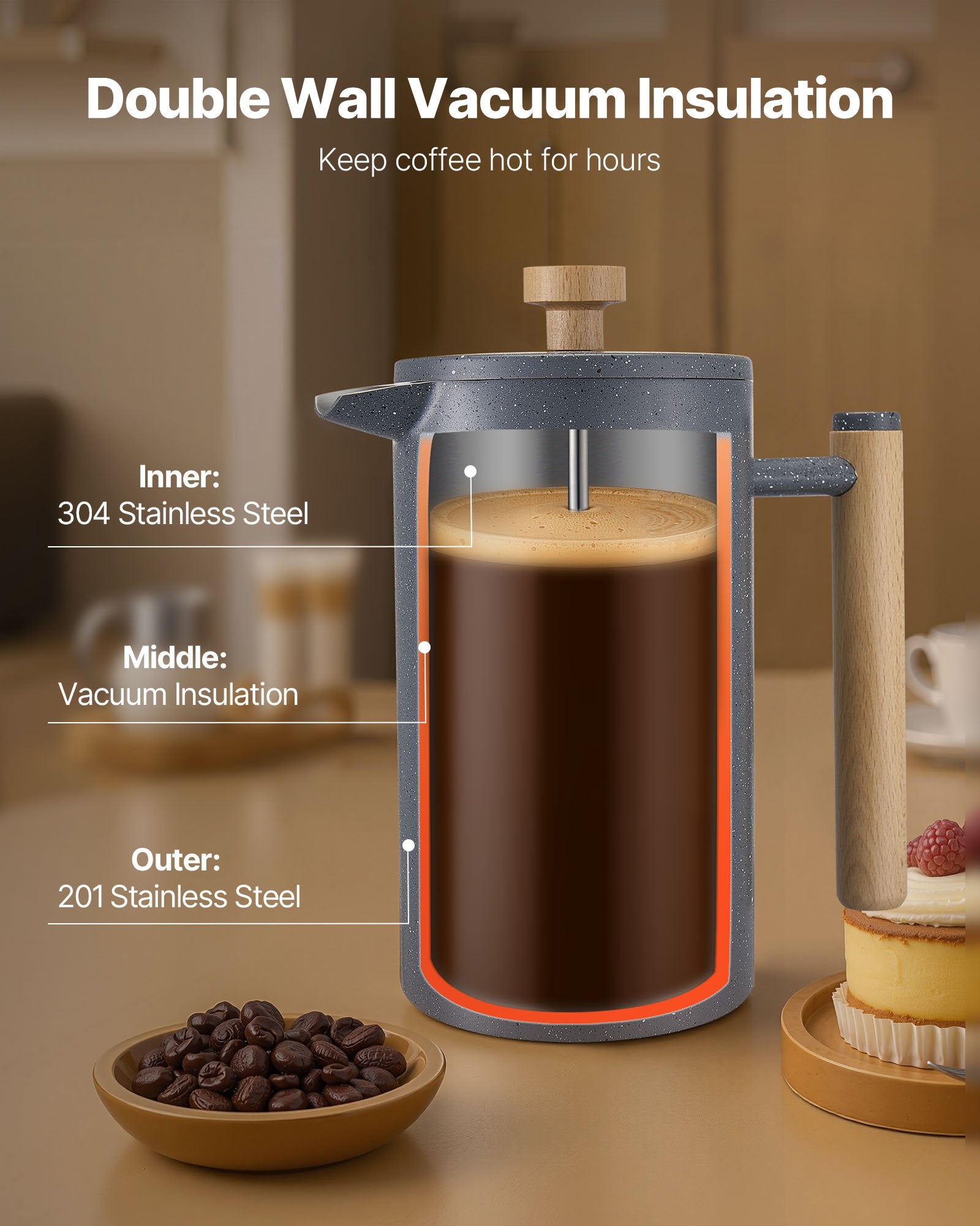 VEVOR French Press Coffee Maker, 1 Liter Stainless Steel Coffee Press Tea Maker with Filter, Large Double Wall Insulated French Presses Cold Brew for Camping Travel Home Kitchen, Black
