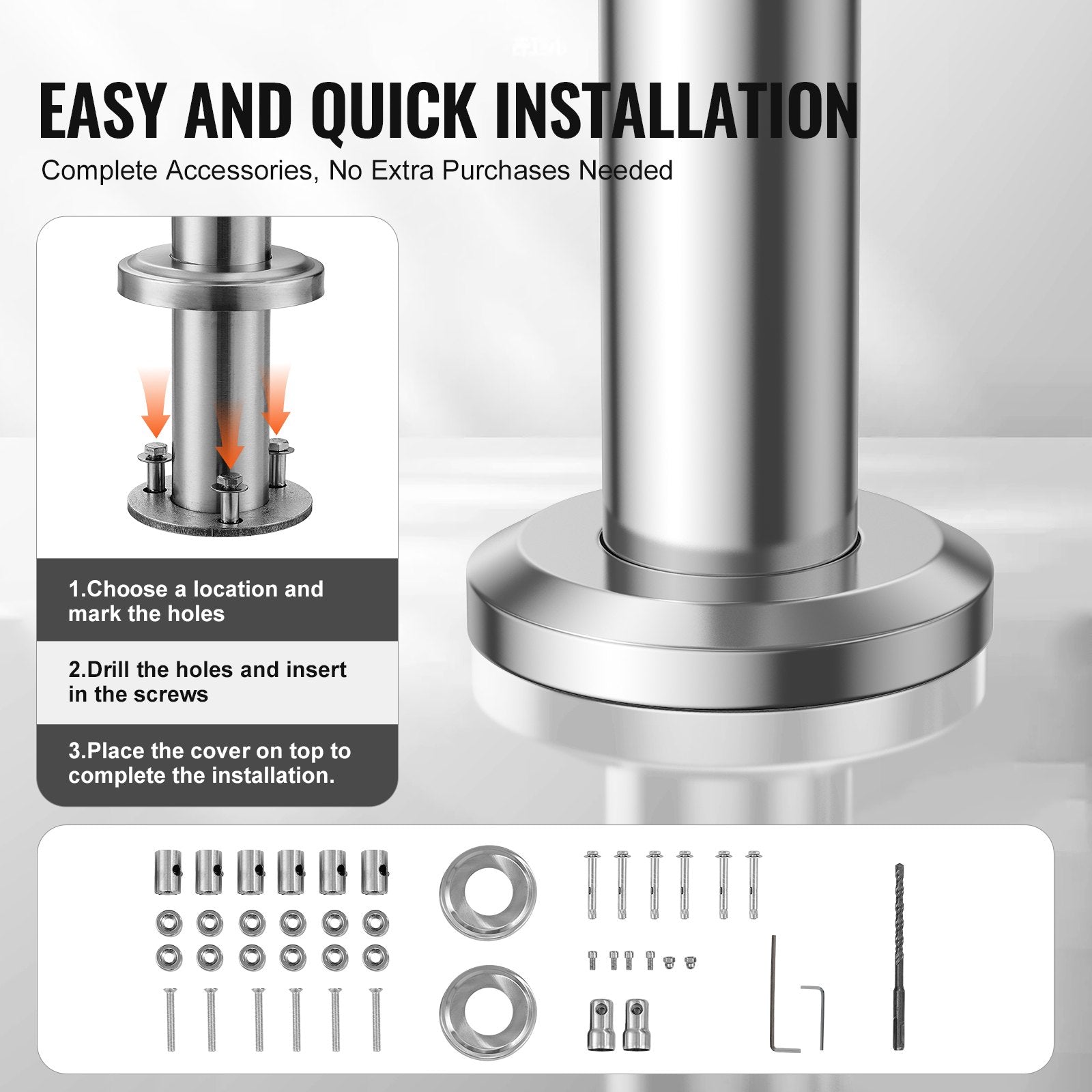 VEVOR Handrails for Outdoor Steps, 59 in Length 3 Crossbars Stair Hand Rail Kit, Transitional Stainless Steel Railings w/ Installation Kit, Double-column Staircase Handrails for Seniors,Porch & Deck