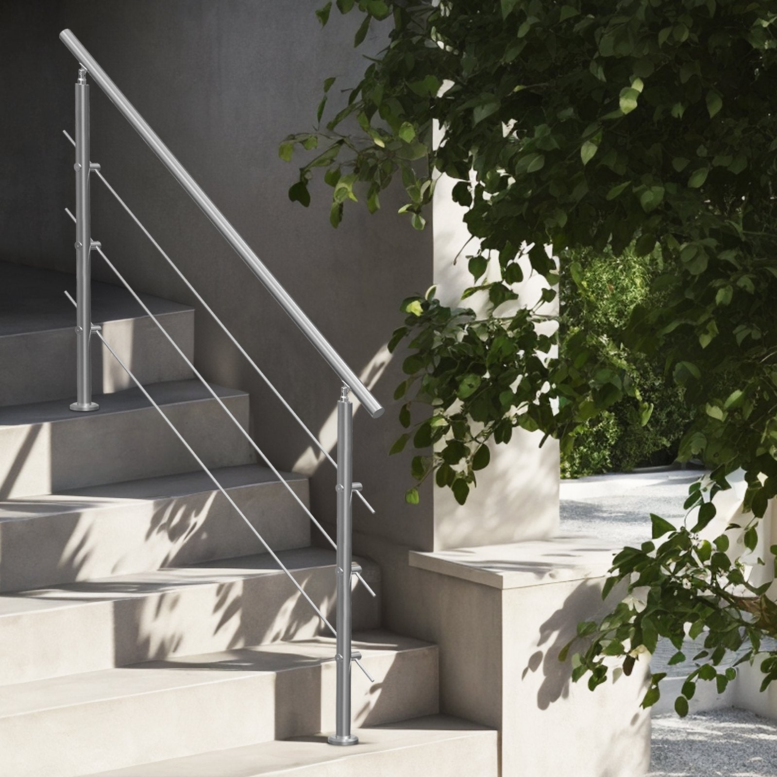 VEVOR Handrails for Outdoor Steps, 59 in Length 3 Crossbars Stair Hand Rail Kit, Transitional Stainless Steel Railings w/ Installation Kit, Double-column Staircase Handrails for Seniors,Porch & Deck