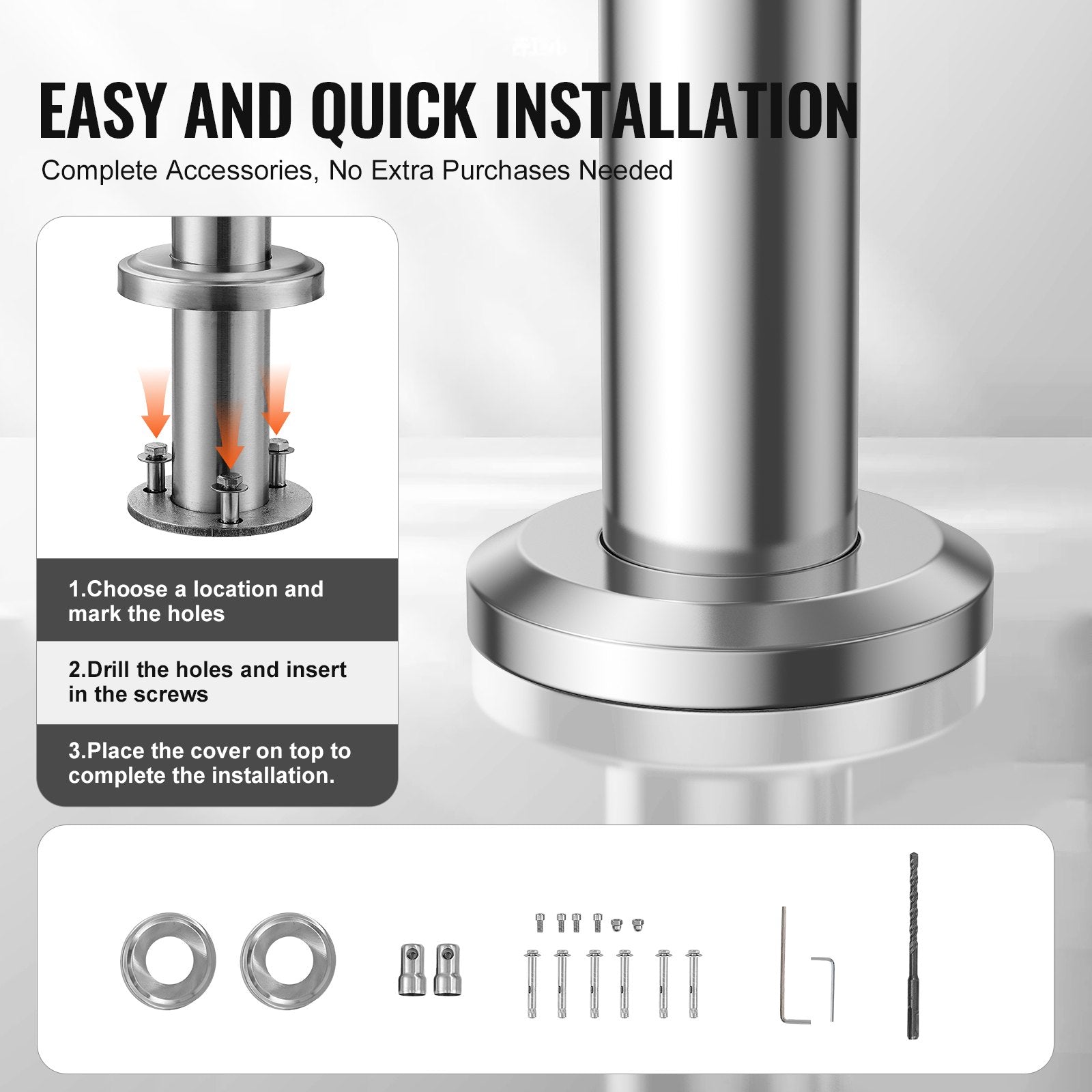VEVOR Handrails for Outdoor Steps, 59 in/ 150cm Length Stair Hand Rail Kit, Transitional Stainless Steel Railings with Installation Kit, Double-column Staircase Handrails for Seniors,Porch & Deck