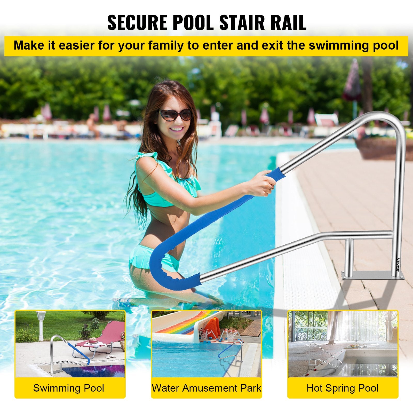 VEVOR Pool Rail 55x32 Pool Railing 304 Stainless Steel 250LBS Load Capacity Silver Rustproof Pool Handrail Humanized Swimming Pool Handrail with Blue Grip Cover & M8 Drill Bit & Self-Taping Screws