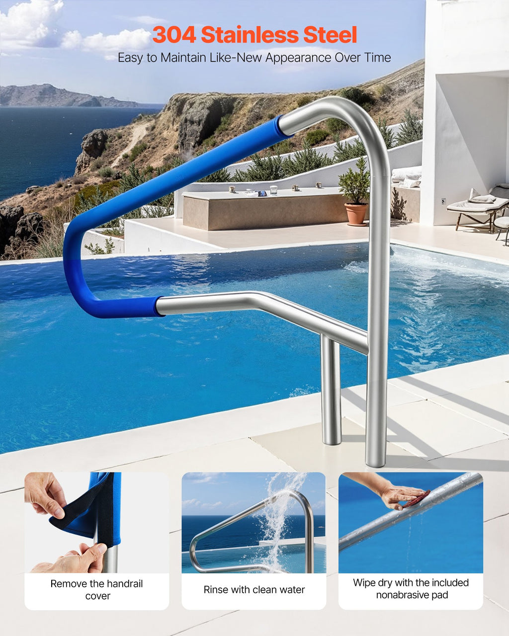 VEVOR Pool Rail, 137.1 x 81.3 cm Pool Handrail, 100kg Load Capacity Heavy Duty 304 Stainless Steel Swimming Handrail, Detachable Nonslip Sleeve, Recessed or Base Mount, for Poolside, Water Parks