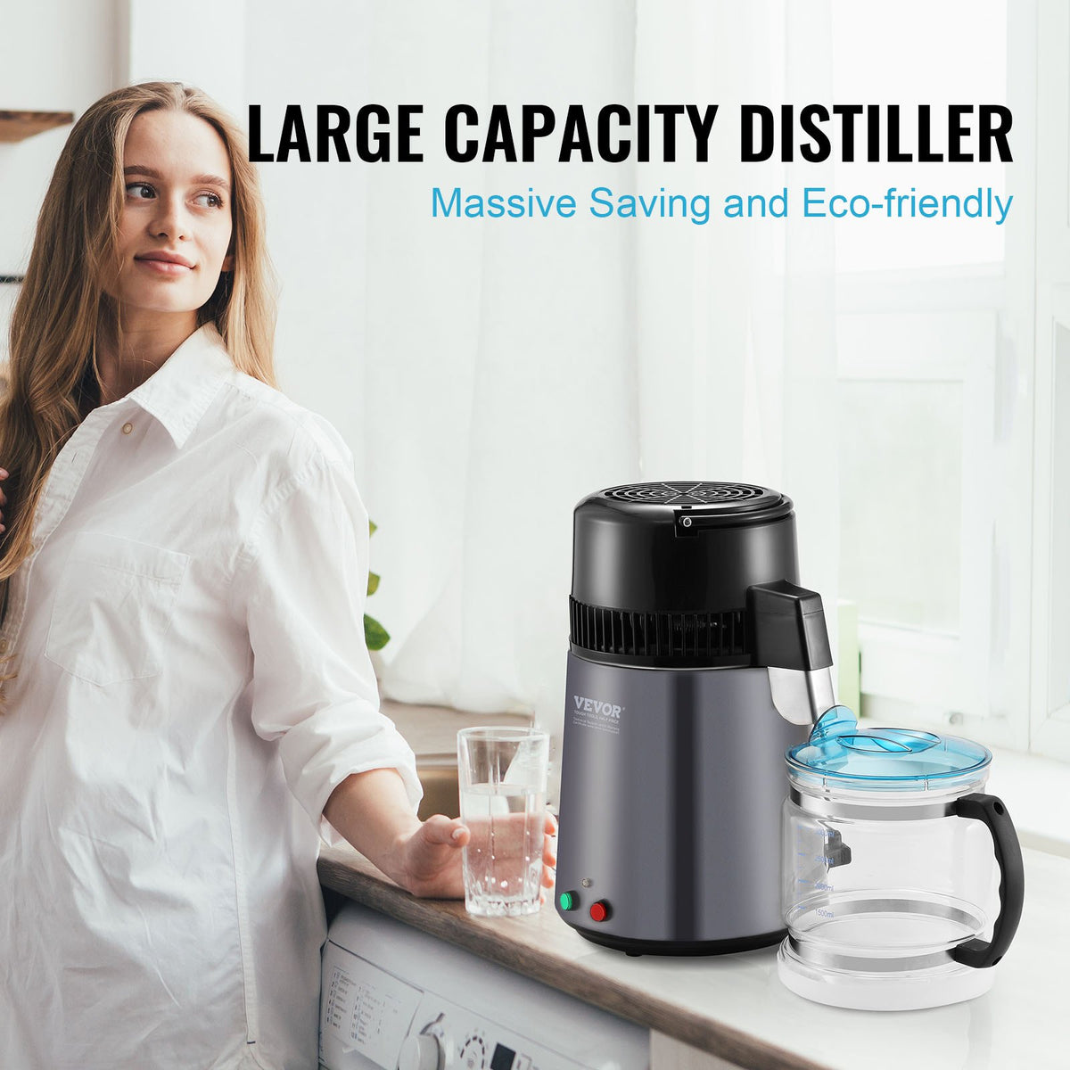 VEVOR Water Distiller, 4L 1.05 Gallon Pure Water Purifier Filter For Home Countertop, 750W Distilled Water Maker, Stainless Steel Interior Distiller Water Making Machine to Make Clean Water, Gray