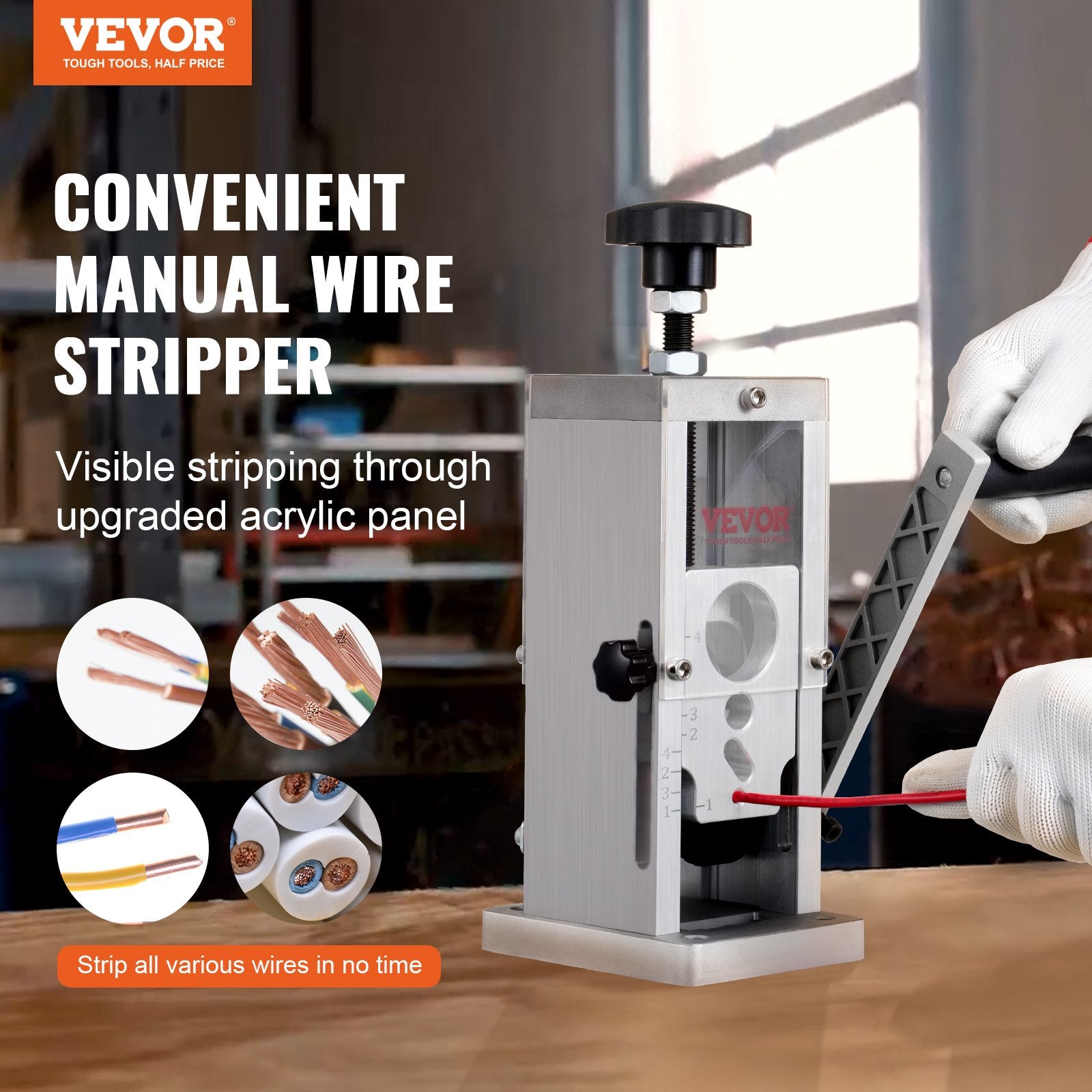 VEVOR Manual Wire Stripping Machine, 0.06''-1.5'' Copper Stripper with Hand Crank or Drill Powered, Visible Stripping Depth Reference, Portable Aluminum Frame Wire Peeler for Scrap Copper Recycling