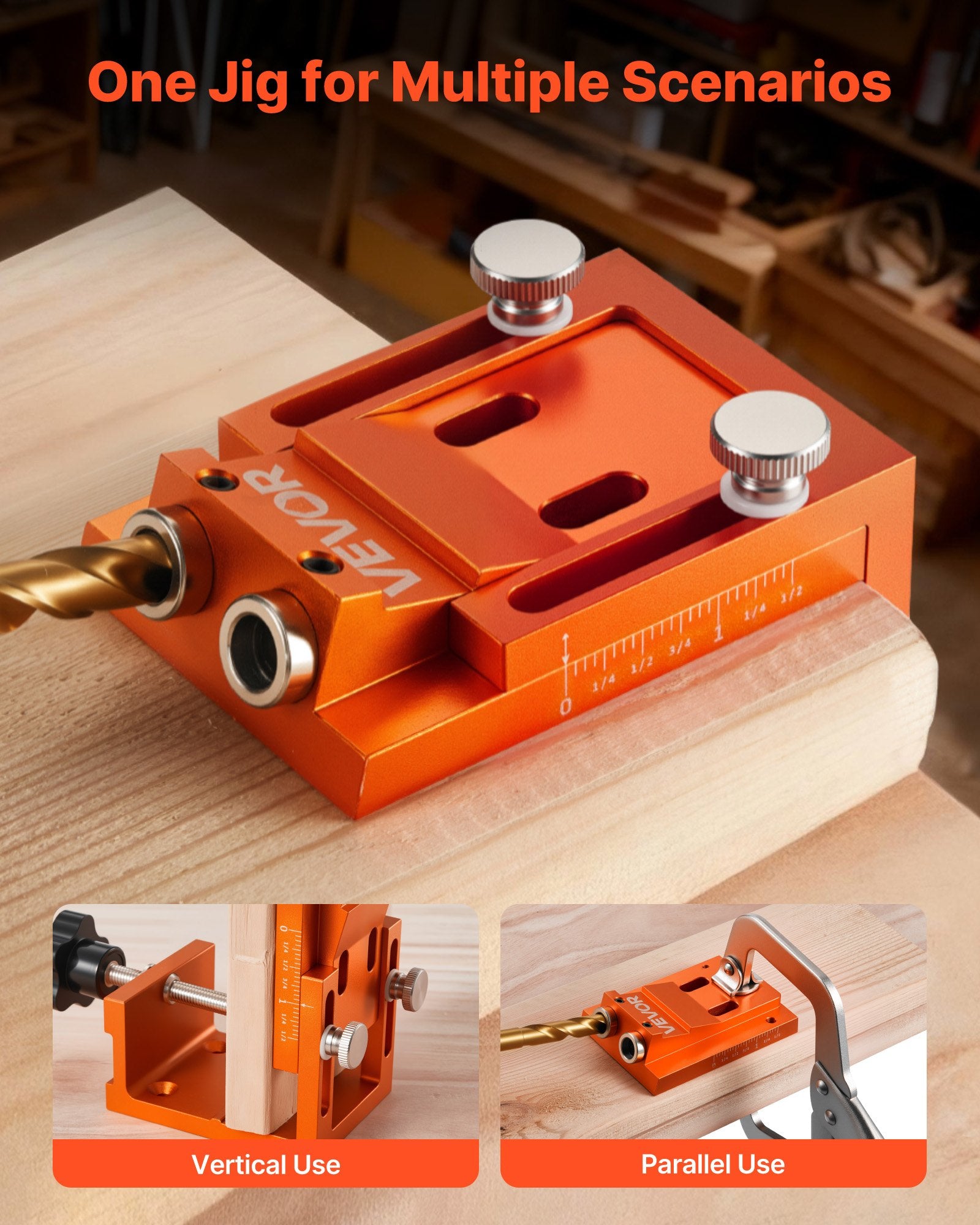 VEVOR Pocket Hole Jig Kit, 12 mm to 48 mm Adjustable, Jig Pocket Hole System with Step Drill, Hex Wrench, Drill Stop Ring, Square Drive Bit, Plugs and Screws, Reinforced Metal Frame, for Woodworking