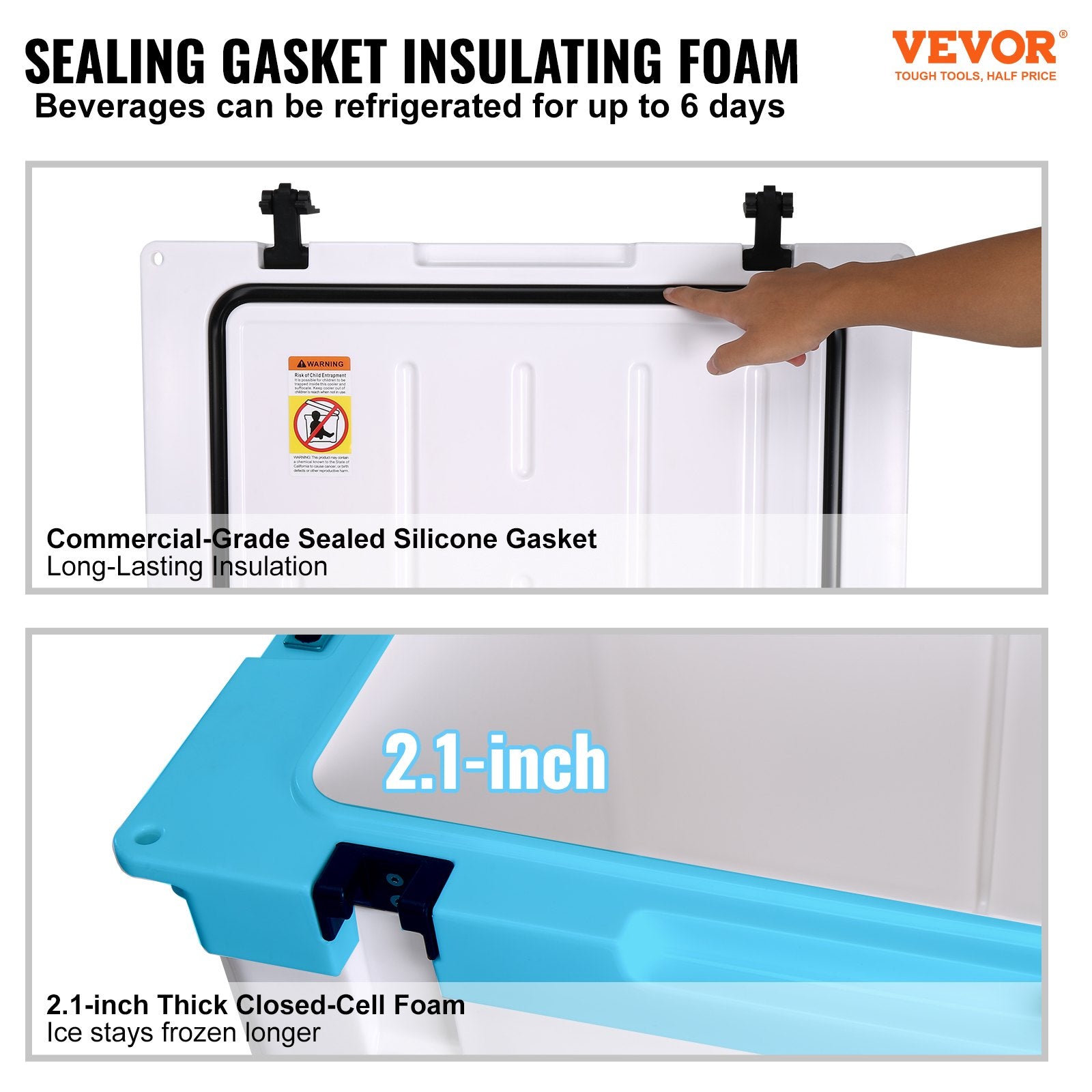 VEVOR Insulated Portable Cooler, 65 qt, Holds 65 Cans, Ice Retention Hard Cooler with Heavy Duty Handle, Ice Chest Lunch Box for Camping, Beach, Picnic, Travel, Outdoor, Keeps Ice for up to 6 Days
