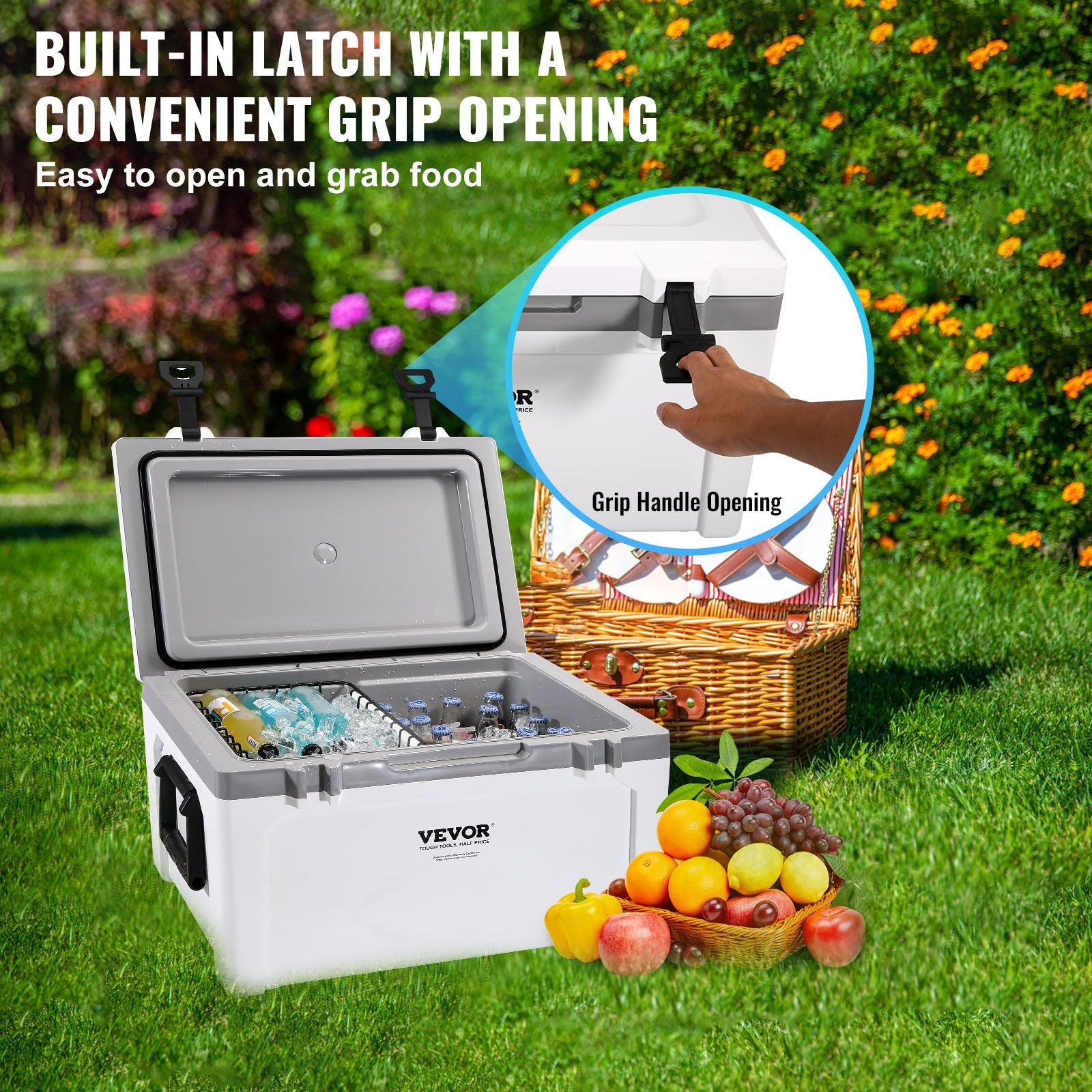 VEVOR Insulated Portable Cooler, 49 L, Holds 50 Cans, Ice Retention Hard Cooler with Heavy Duty Handle, Ice Chest Lunch Box for Camping, Beach, Picnic, Travel, Outdoor, Keeps Ice for up to 6 Days