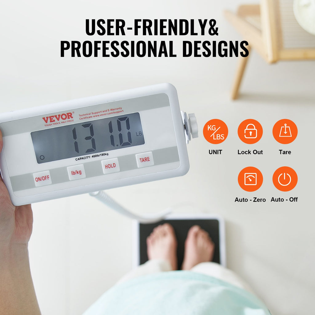 VEVOR Portable Medical Scale, Professional Digital Physician Scale for Weighing - with Anti-Slip Mat, 2 Units (kg/lb), Hold & Tare Function, 400LBS Capacity Physician Wight Scale for Gym Home Hospital