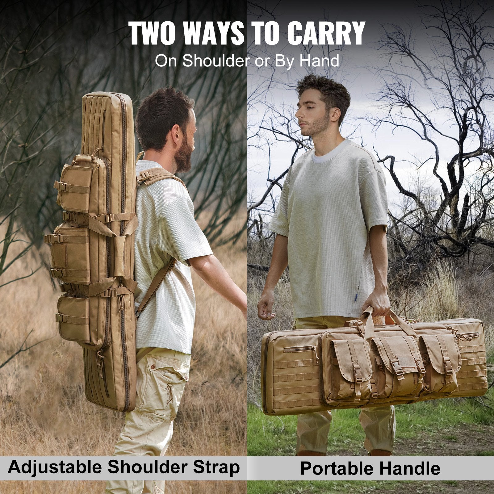 VEVOR Rifle Bag, 36 inch Tactical Double Long Gun Bag, Soft Rifle Case with Lockable Zipper, Portable Handle & Shoulder Strap, 3 Large Storage Pockets Rifle Case for Two 34" Rifles & 2 Pistols, Brown