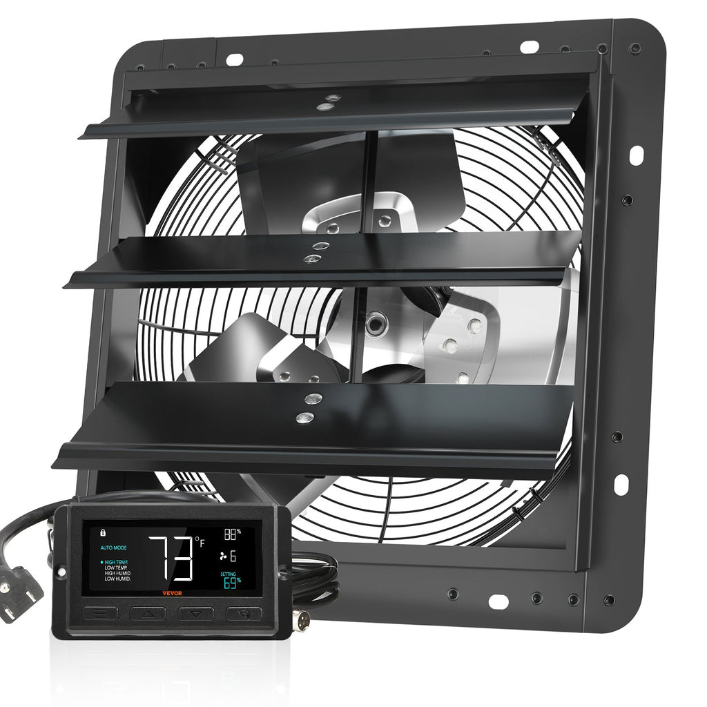 VEVOR Shutter Exhaust Fan, 305 mm /12 inch with Temperature Humidity Controller, EC-motor, 904 CFM, Variable Speed Adjustable Wall Mount Attic Fan, Ventilation and Cooling for Greenhouses, Garages, Sheds