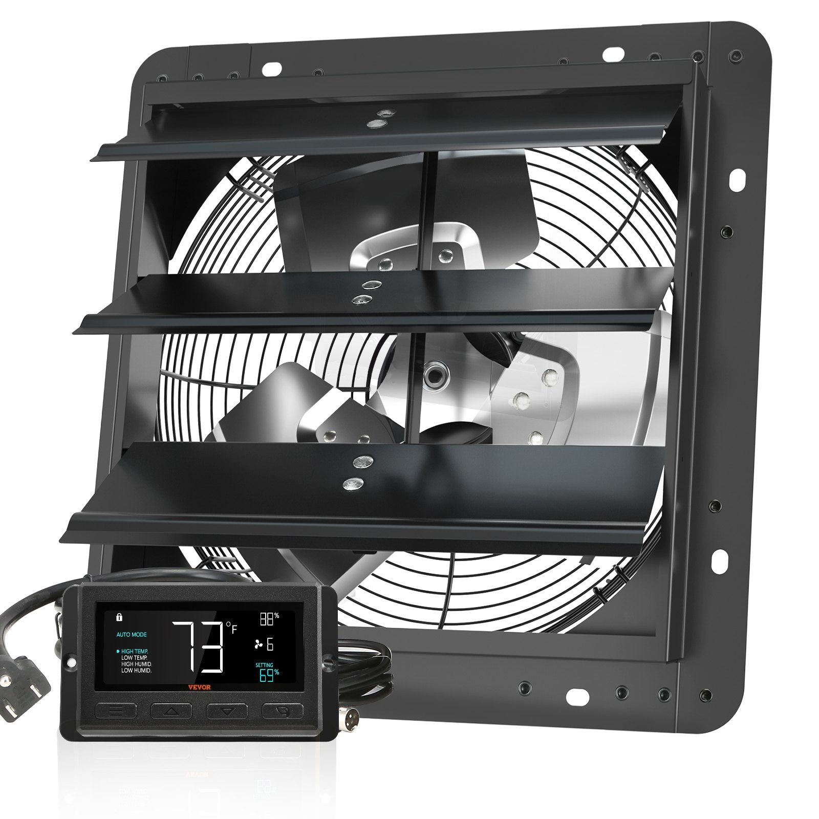 VEVOR Shutter Exhaust Fan, 305 mm /12 inch with Temperature Humidity Controller, EC-motor, 904 CFM, Variable Speed Adjustable Wall Mount Attic Fan, Ventilation and Cooling for Greenhouses, Garages, Sheds