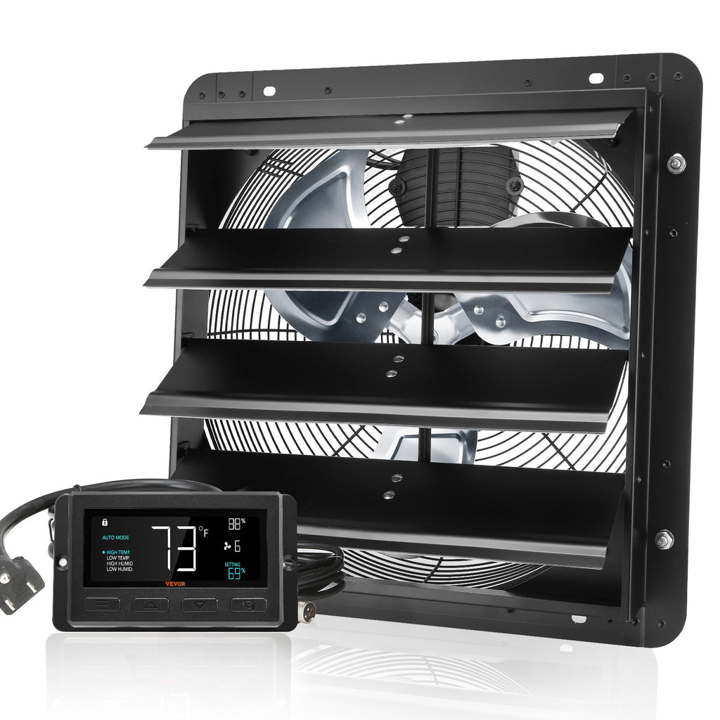 VEVOR Shutter Exhaust Fan, 406 mm /16inch with Temperature Humidity Controller, EC-motor, 1747 CFM, Variable Speed Adjustable Wall Mount Attic Fan, Ventilation and Cooling for Greenhouses, Garages, Sheds