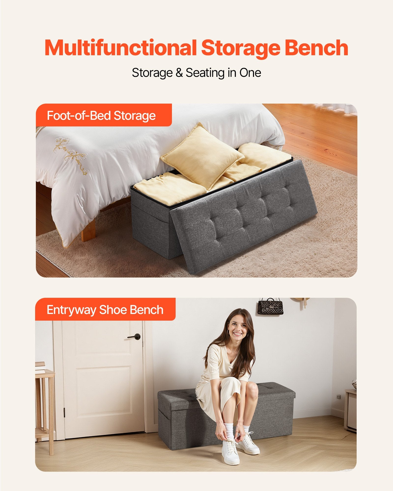 VEVOR Foldable Storage Ottoman Bench, End of Bed Bench with Side Bags, Folding Upholstered Storage Chest Supports 660 lbs, Linen Bed Ottoman with Large Space for Living Room, Bedroom, Entryway, Grey