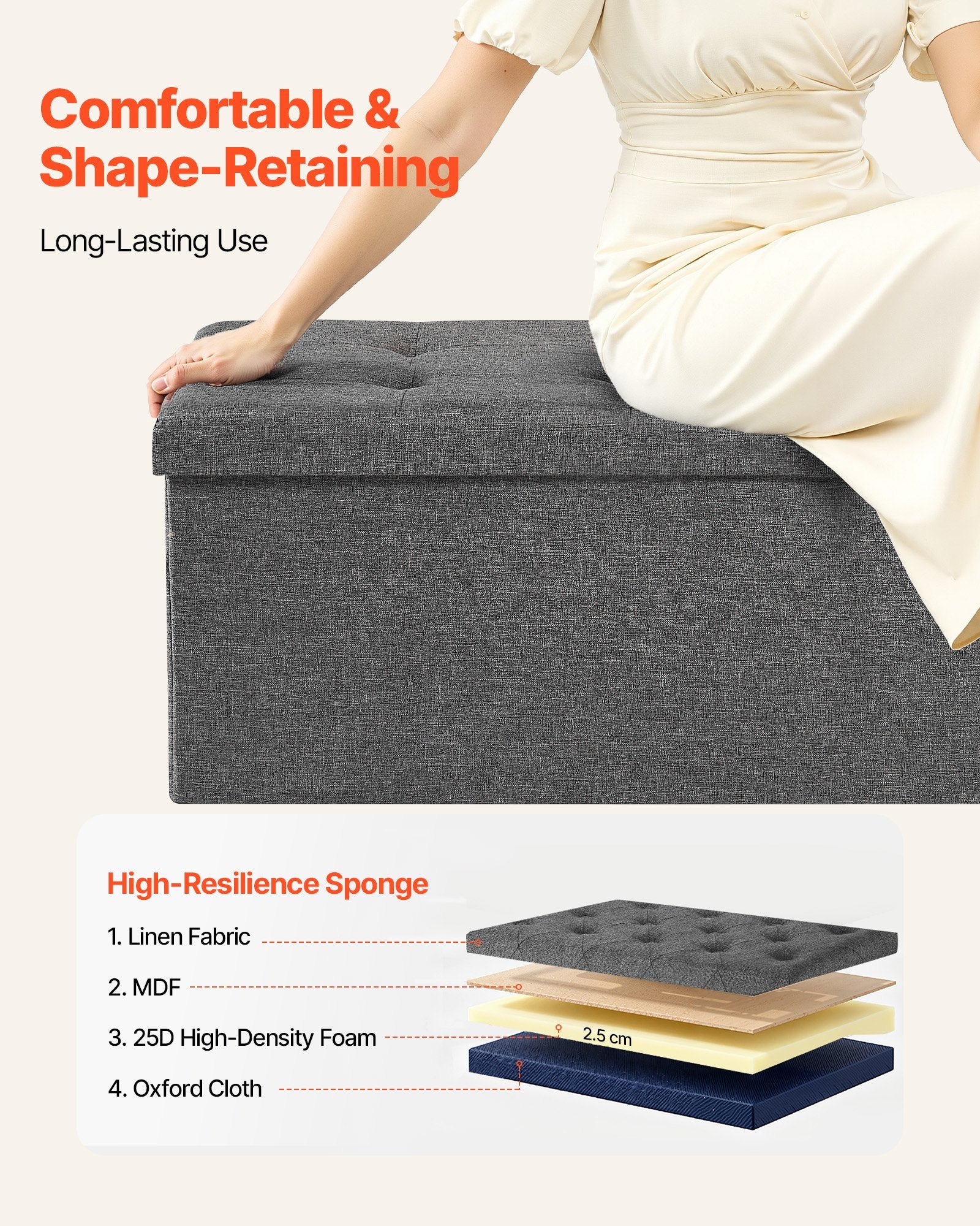 VEVOR Foldable Storage Ottoman Bench, End of Bed Bench with Side Bags, Folding Upholstered Storage Chest Supports 660 lbs, Linen Bed Ottoman with Large Space for Living Room, Bedroom, Entryway, Grey