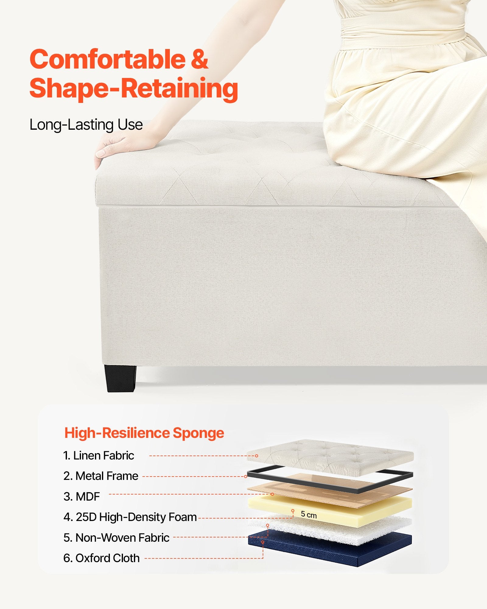 VEVOR Storage Ottoman Bench, Button-Tufted End of Bed Bench with Side Bags, Flip-up Upholstered Storage Chest with Metal Frame, Linen Bed Ottoman for Living Room, Bedroom, Entryway, Office, Beige