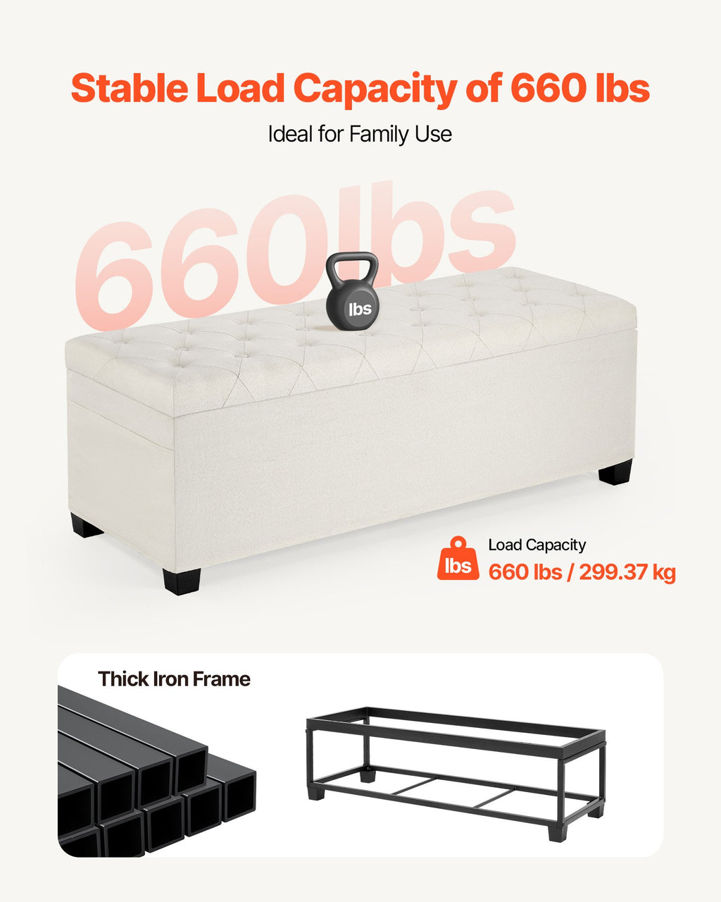 VEVOR Storage Ottoman Bench, Button-Tufted End of Bed Bench with Side Bags, Flip-up Upholstered Storage Chest with Metal Frame, Linen Bed Ottoman for Living Room, Bedroom, Entryway, Office, Beige