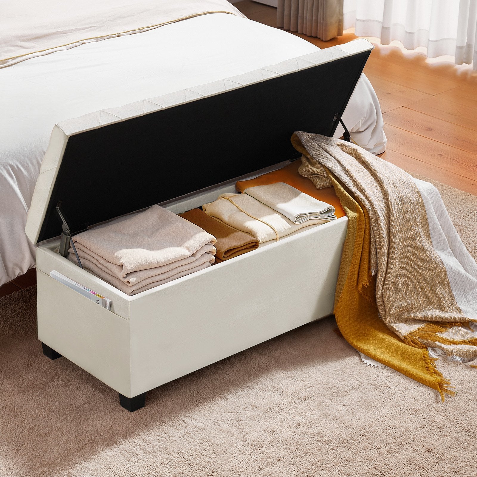 VEVOR Storage Ottoman Bench, Button-Tufted End of Bed Bench with Side Bags, Flip-up Upholstered Storage Chest with Metal Frame, Linen Bed Ottoman for Living Room, Bedroom, Entryway, Office, Beige