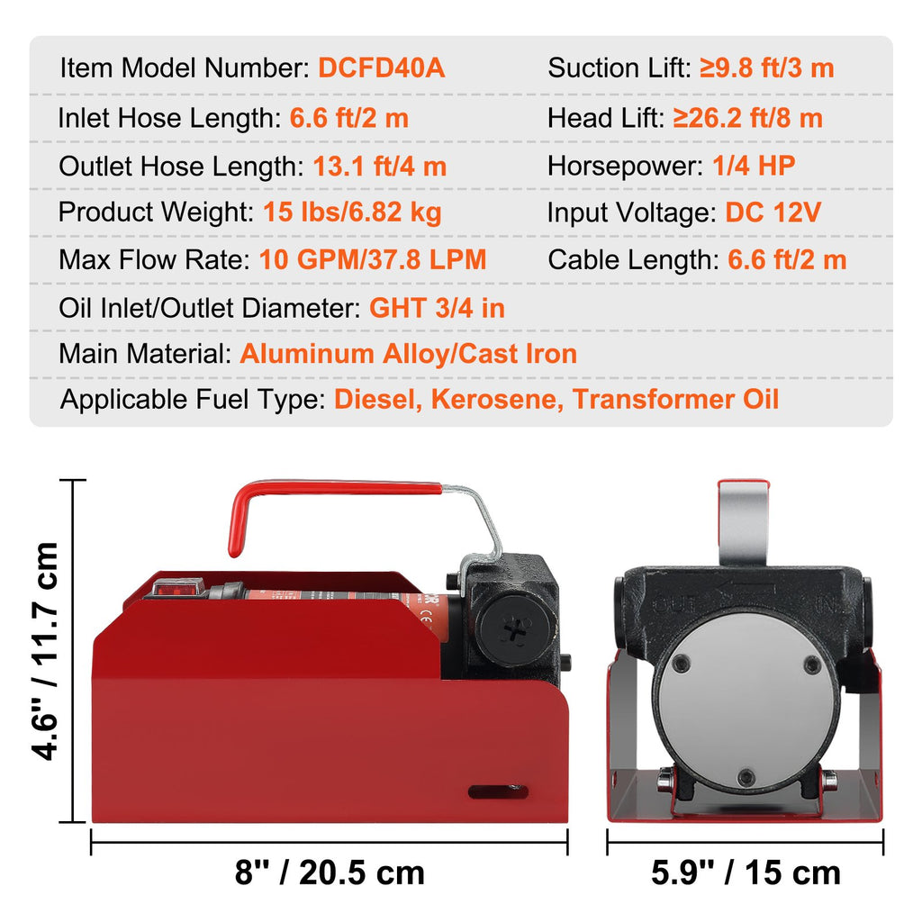 VEVOR Fuel Transfer Pump, 12V DC, 10 GPM, 8 m Lift, Portable Electric Diesel Transfer Extractor Pump Kit with Automatic Shut-off Nozzle, Delivery & Suction Hose for Diesel, Kerosene, Transformer Oil