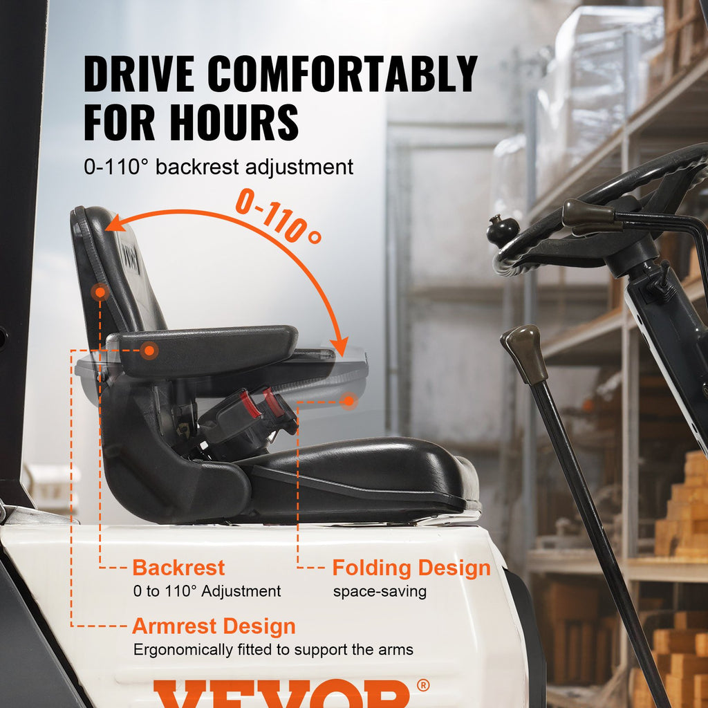 VEVOR Universal Forklift Seat, Fold Down Tractor Seat with Adjustable Angle Back, Micro Switch, Seatbelt and Armrests, 16-34 cm Slot Tractor Seat for Tractor Loader Excavator