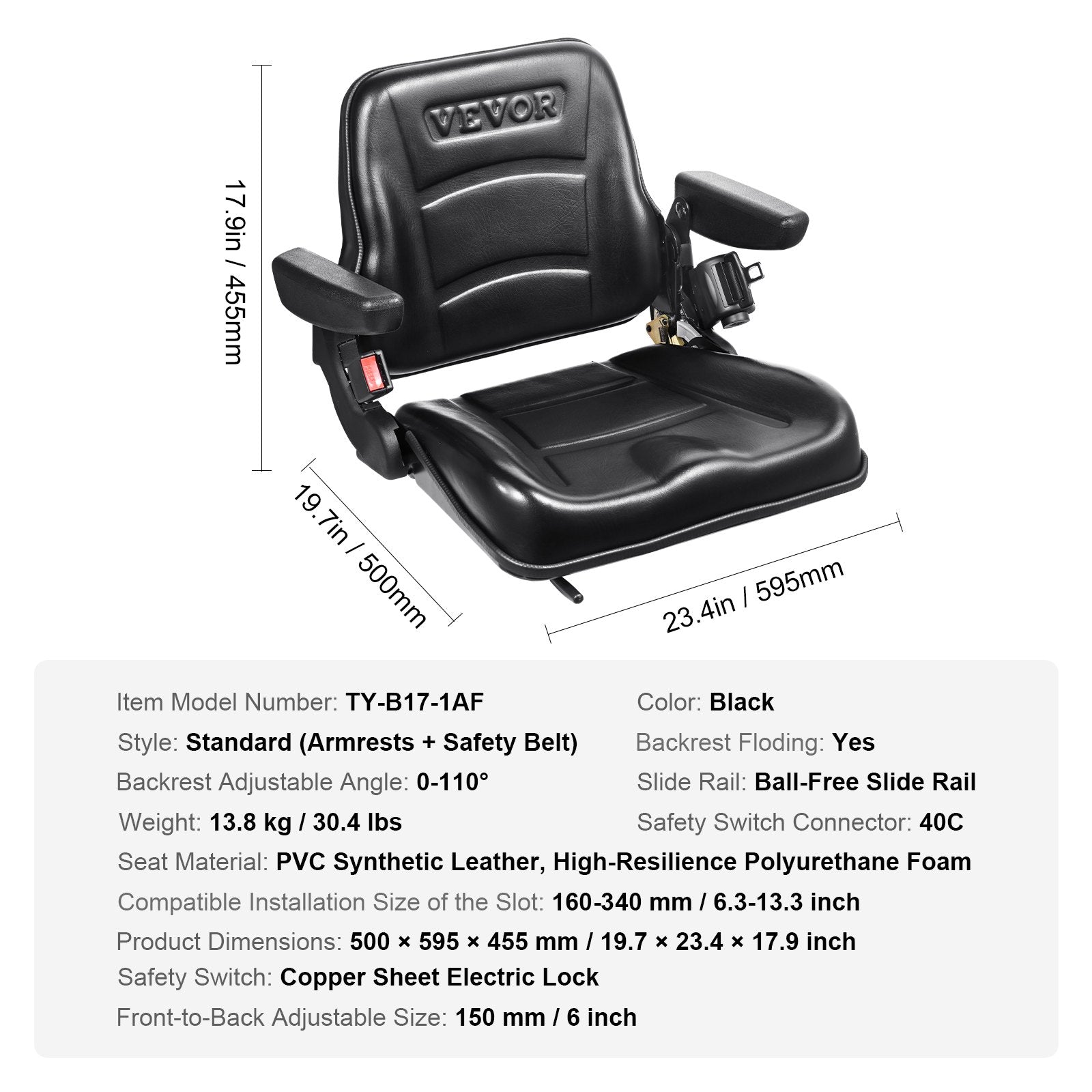VEVOR Universal Forklift Seat, Fold Down Tractor Seat with Adjustable Angle Back, Micro Switch, Seatbelt and Armrests, 16-34 cm Slot Tractor Seat for Tractor Loader Excavator