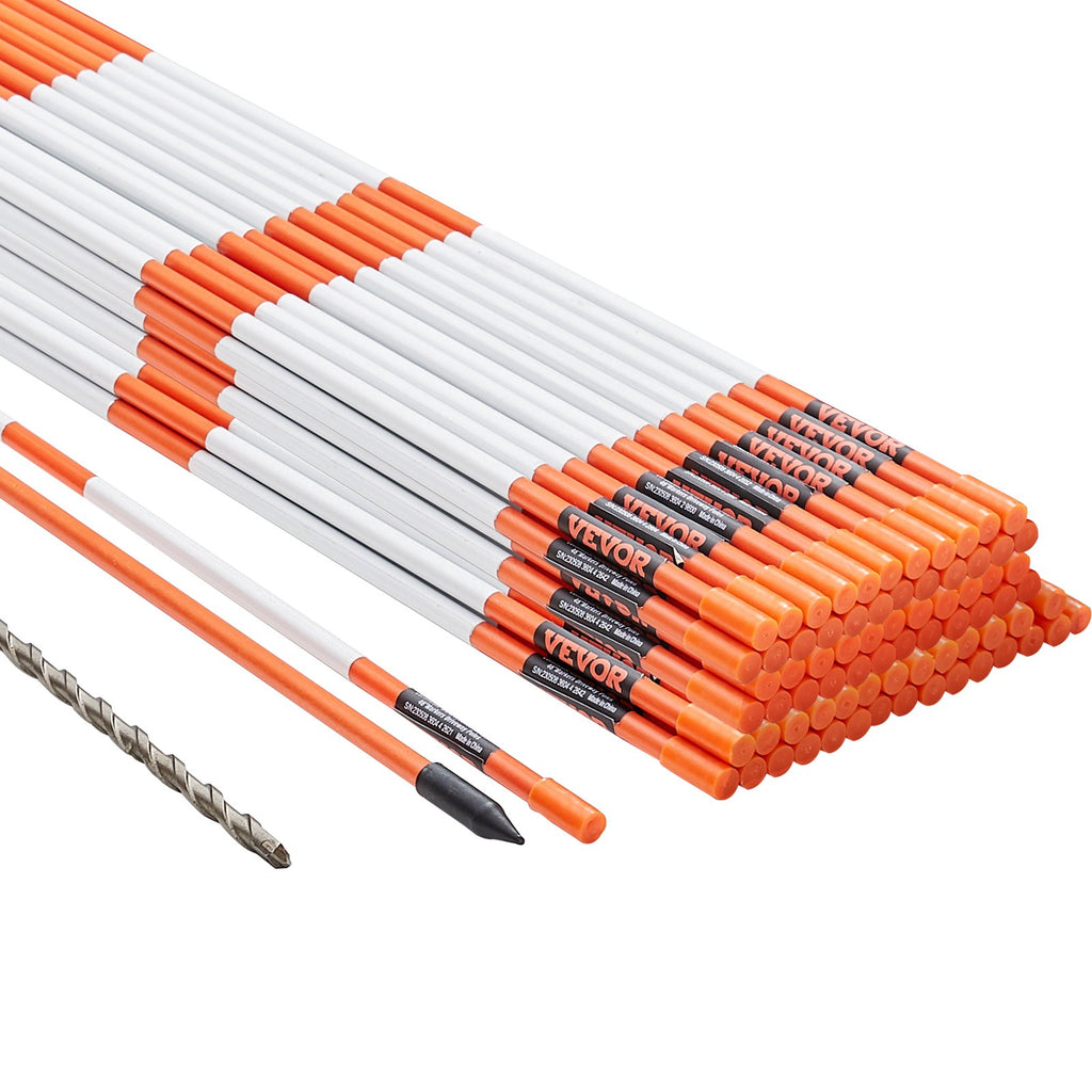 VEVOR Driveway Markers, 100PCS 121.5cm, 0.78cm Diameter, Orange Fiberglass Poles Snow Stakes with Reflective Tape, 30cm Steel Drill Bit & Protection Gloves for Parking Lots, Walkways Easy Visibility