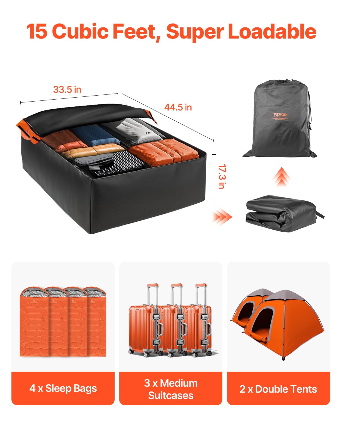VEVOR Car Rooftop Cargo Carrier Bag, 15 Cubic Feet Car Roof Cargo Carrier, 100% Waterproof Heavy Duty 840D PVC Roof Luggage Bag for All Vehicle with/without Rack- with Lock, Non-Slip Mat, 4 Door Hooks