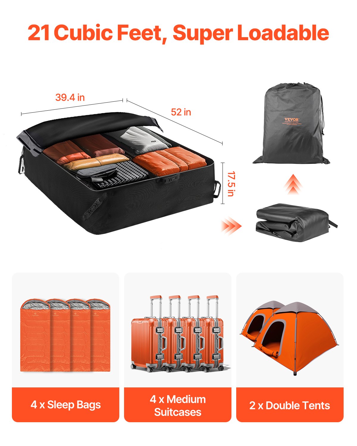 VEVOR Car Rooftop Cargo Carrier Bag, 21 Cubic Feet Cargo Carrier for Car Roof, 100% Waterproof 900D Oxford Cloth Roof Luggage Bag for All Vehicle with/without Rack- with Lock, Non-Slip Mat, Door Hooks