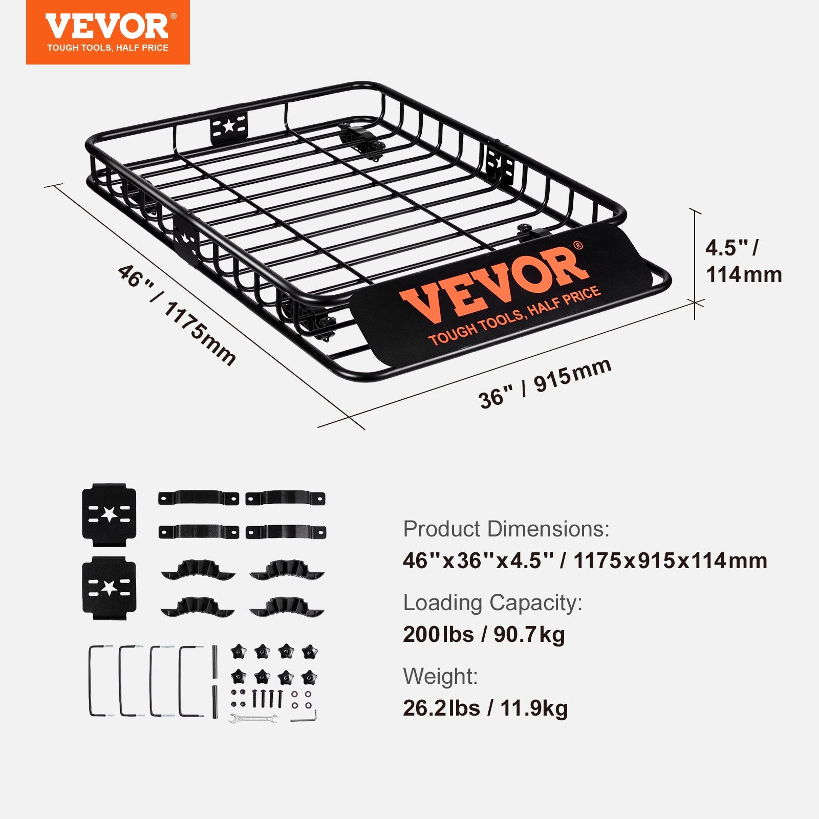 VEVOR Roof Rack Cargo Basket 200 LBS Capacity 46"x36"x4.5" for SUV Truck Cars