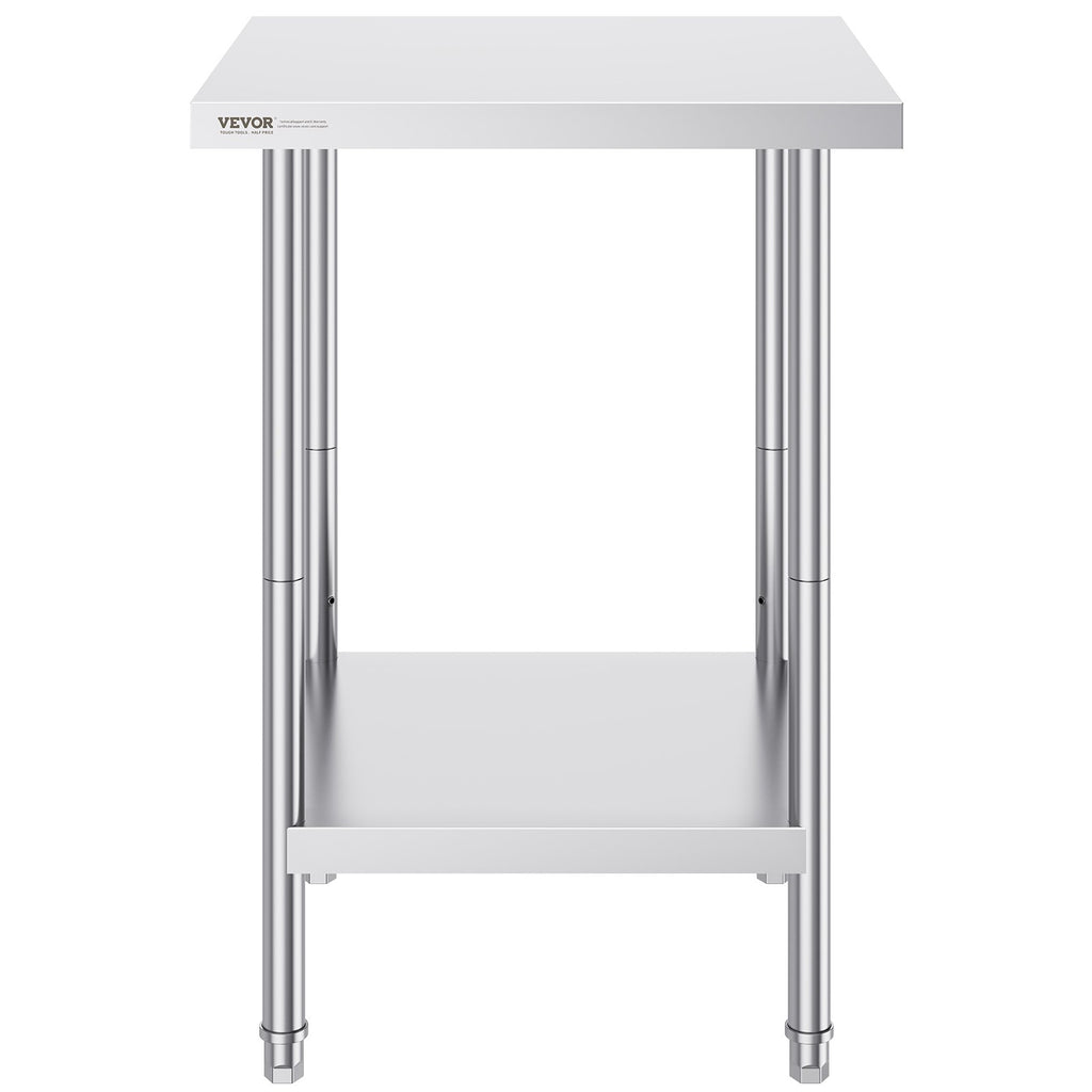 VEVOR Stainless Steel Prep Table, 24 x 24 x 34 Inch, Heavy Duty Metal Worktable with 3 Adjustable Height Levels, Commercial Workstation for Kitchen Garage Restaurant Backyard