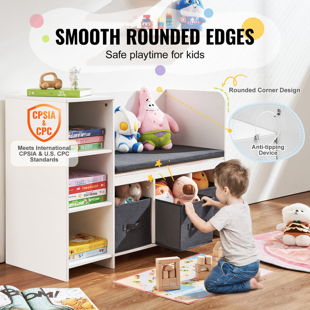 VEVOR Kids Reading Nook Bench, Toddler Bookshelf and Bookcase with Detachable Seat Cushion, 6-Cubby Storage Organizer Bench with 3 Drawers, Ideal for Playroom, Bedroom, Living Room or Entryway, White