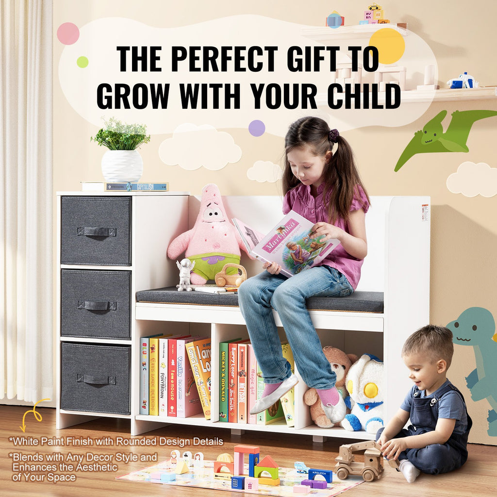 VEVOR Kids Reading Nook Bench, Toddler Bookshelf and Bookcase with Detachable Seat Cushion, 6-Cubby Storage Organizer Bench with 3 Drawers, Ideal for Playroom, Bedroom, Living Room or Entryway, White