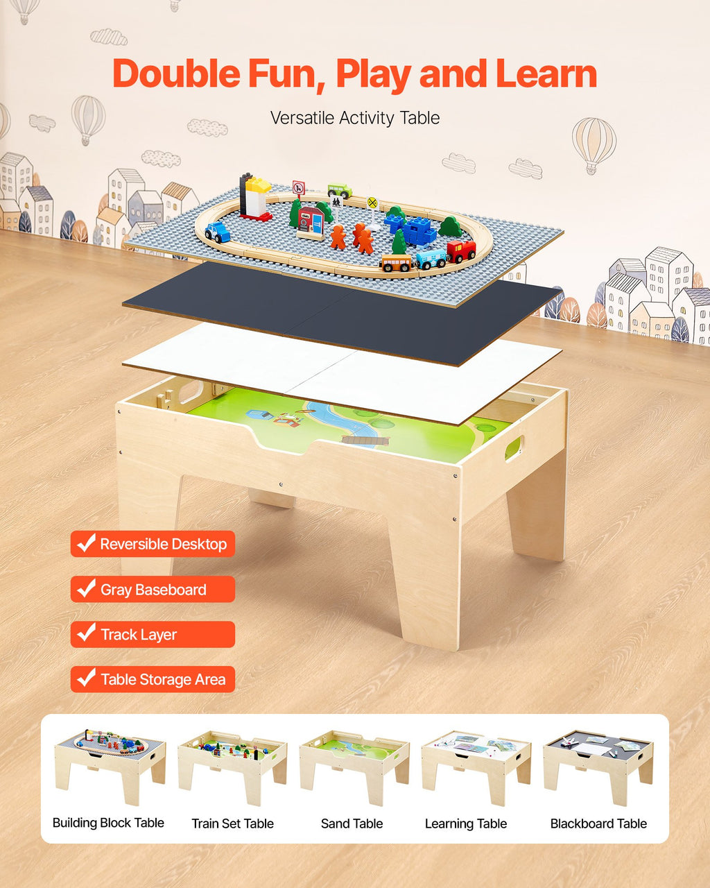 VEVOR Multi-Purpose Activity Play Table 290 Building Bricks & 30 PCS Accessories