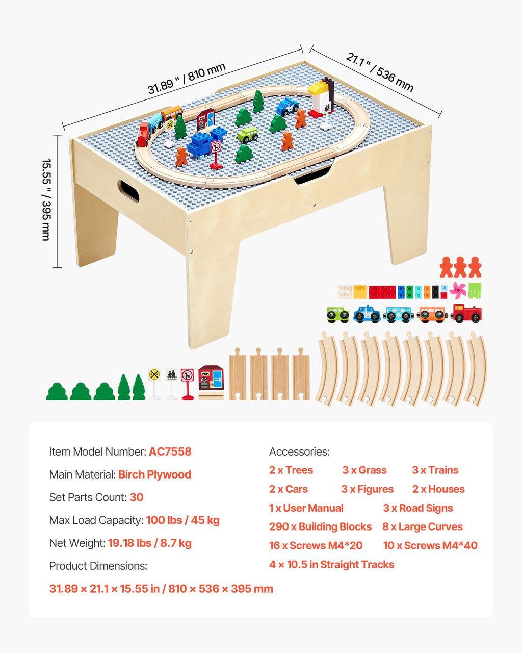 VEVOR Multi-Purpose Activity Play Table 290 Building Bricks & 30 PCS Accessories