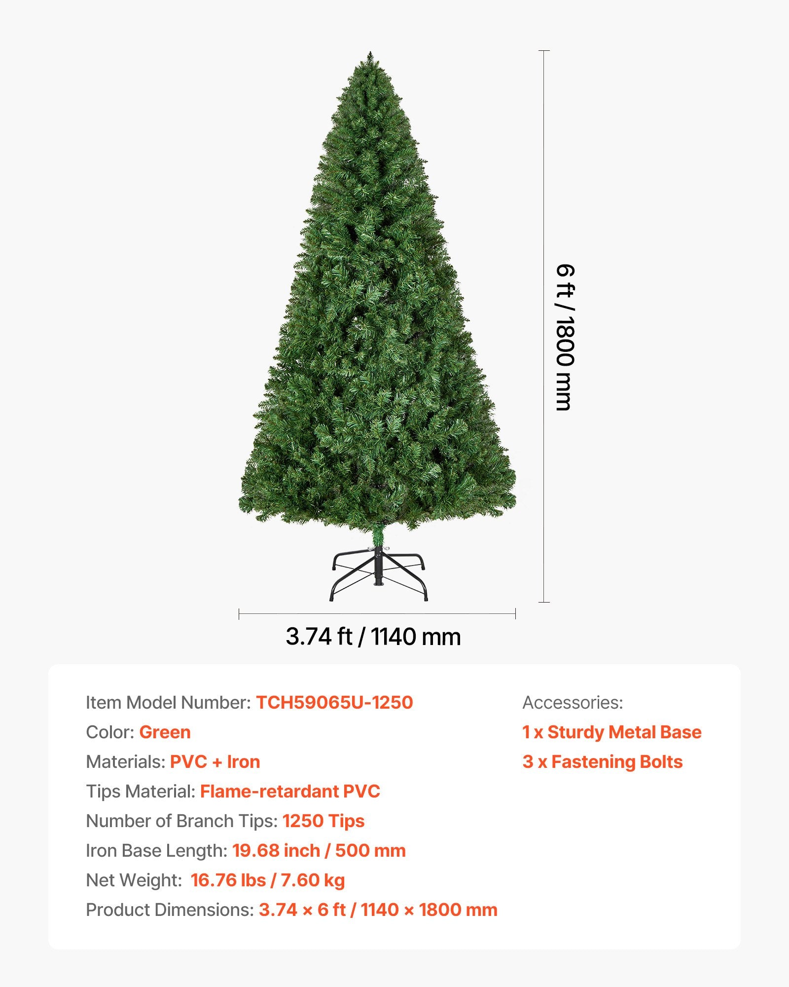 VEVOR Christmas Tree, 1.8m Artificial Xmas Tree, Full Holiday Decor Trees with 1250 Branch Tips & Sturdy Metal Base for Home Party Office Decoration