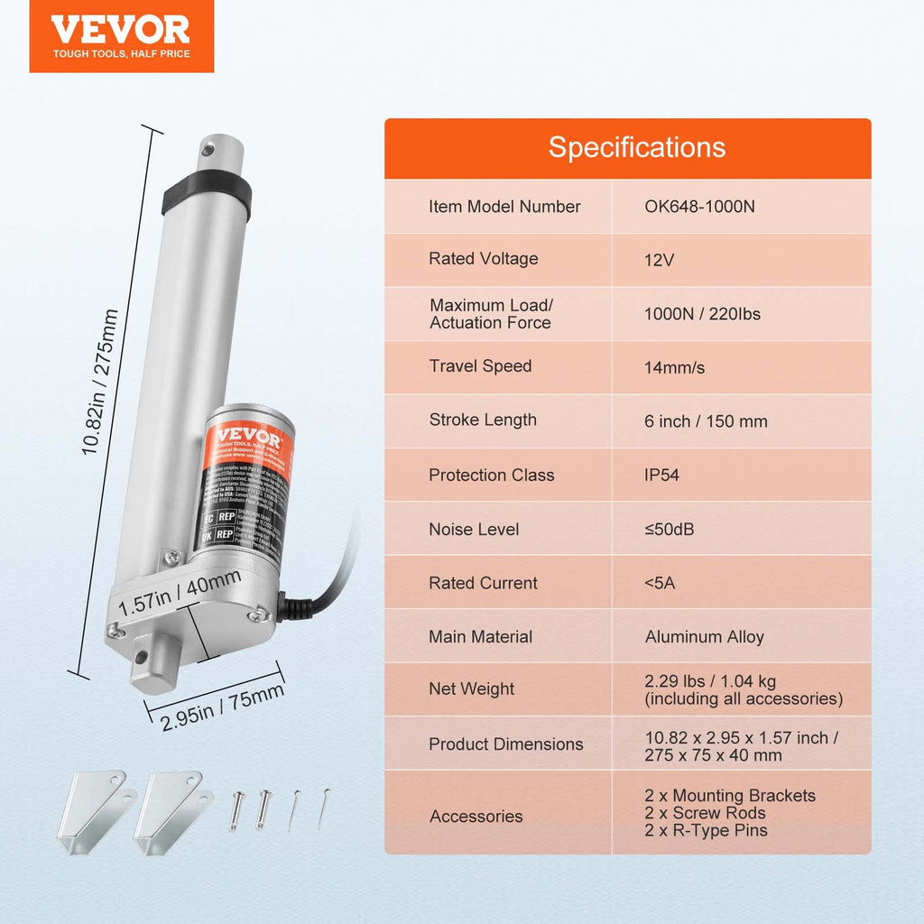 VEVOR Linear Actuator 12V 6Inch 0.55"/s High Speed 220lbs/1000N IP54 Protection